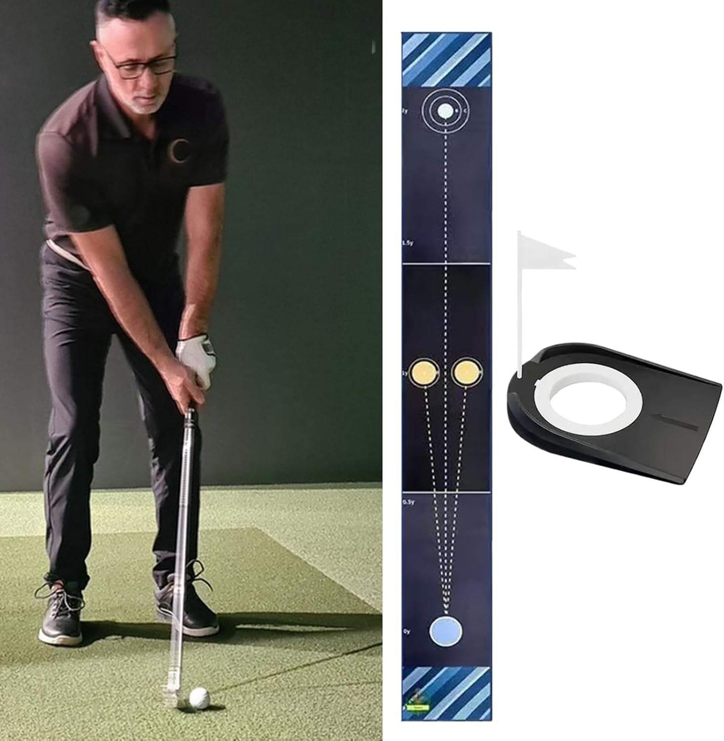 Indoor Golf Putting Mat Trainer Alignment Lines Ball Return Practice Green