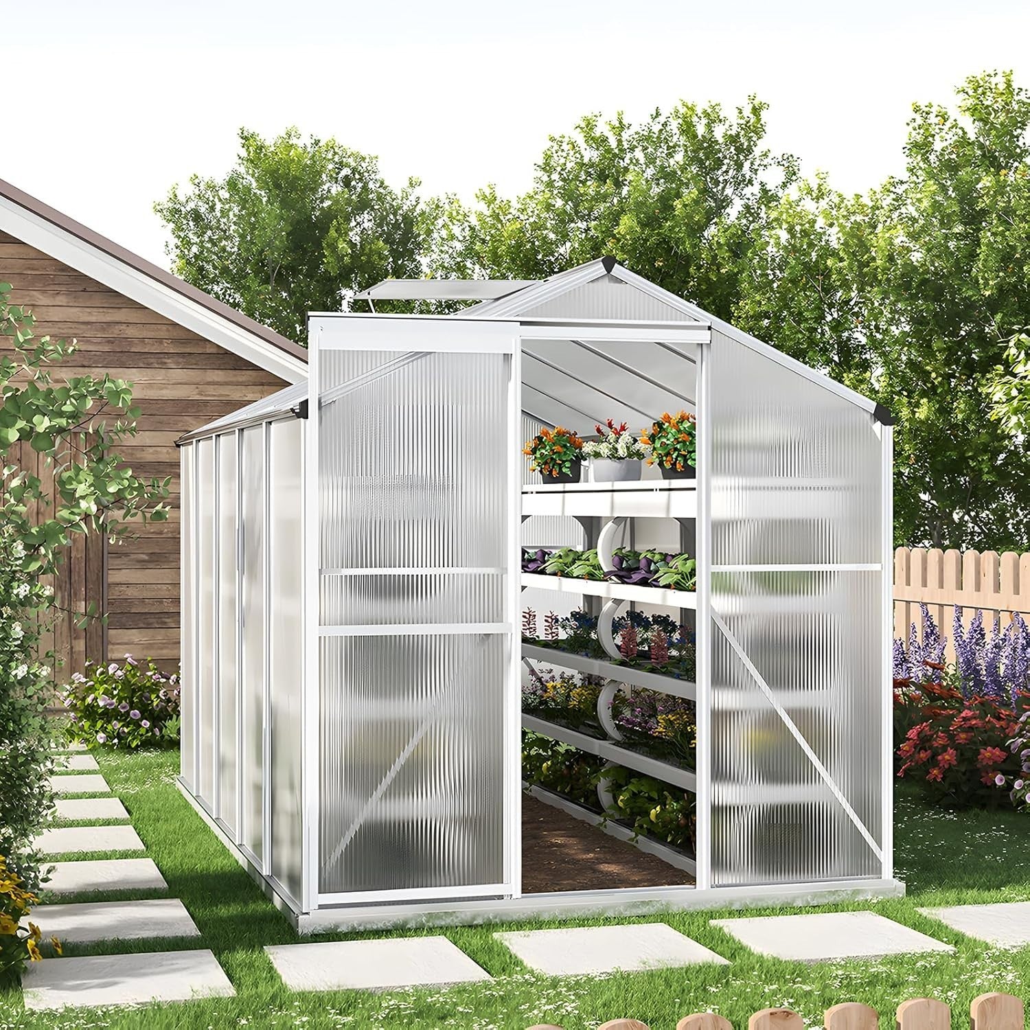 10x6FT Walk-In Polycarbonate Greenhouse with Base – Aluminium Frame