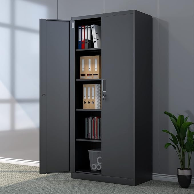 Tall Black Metal Storage Cabinet with Lockable Doors & 4 Adjustable Shelves