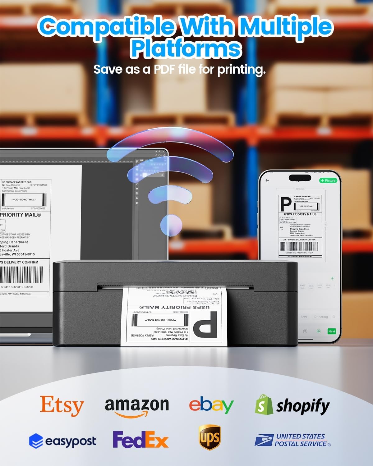 Bluetooth Shipping Label Printer 4x6 Thermal USB Wireless