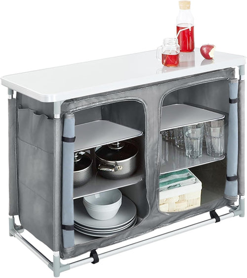 Outdoor Folding Camping Kitchen Table with Storage, Portable BBQ Prep Station