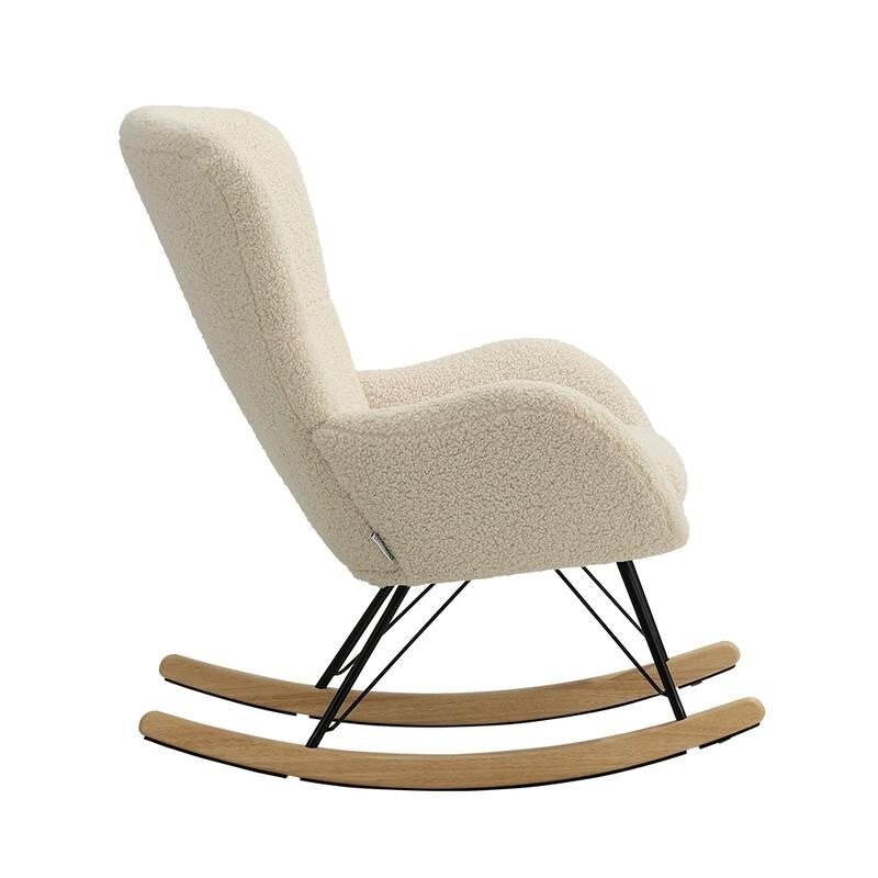 Beige Sherpa Rocking Chair High Back Seat with Arms & Wood Runners