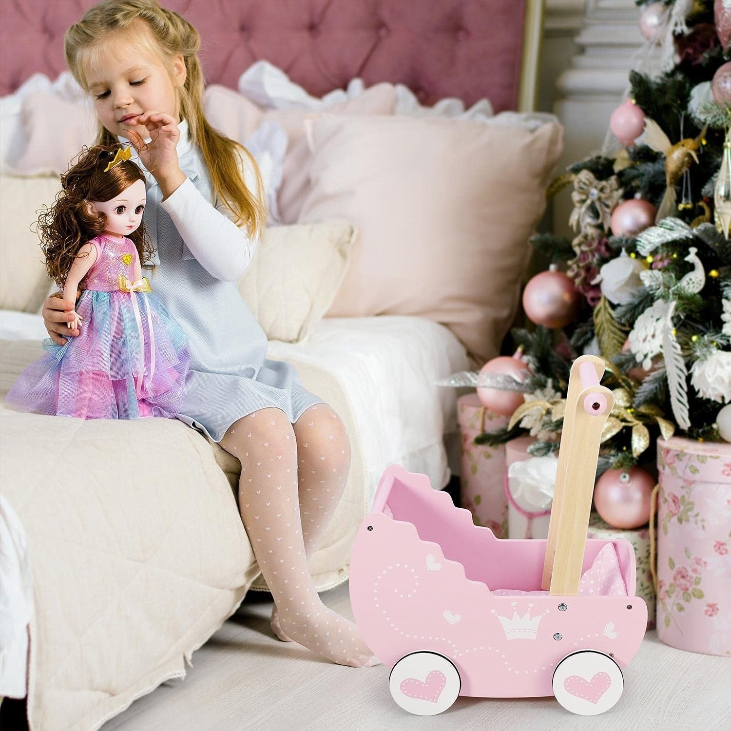 Wooden Doll Pram Push Along Pink Princess Toy with Bedding 3+