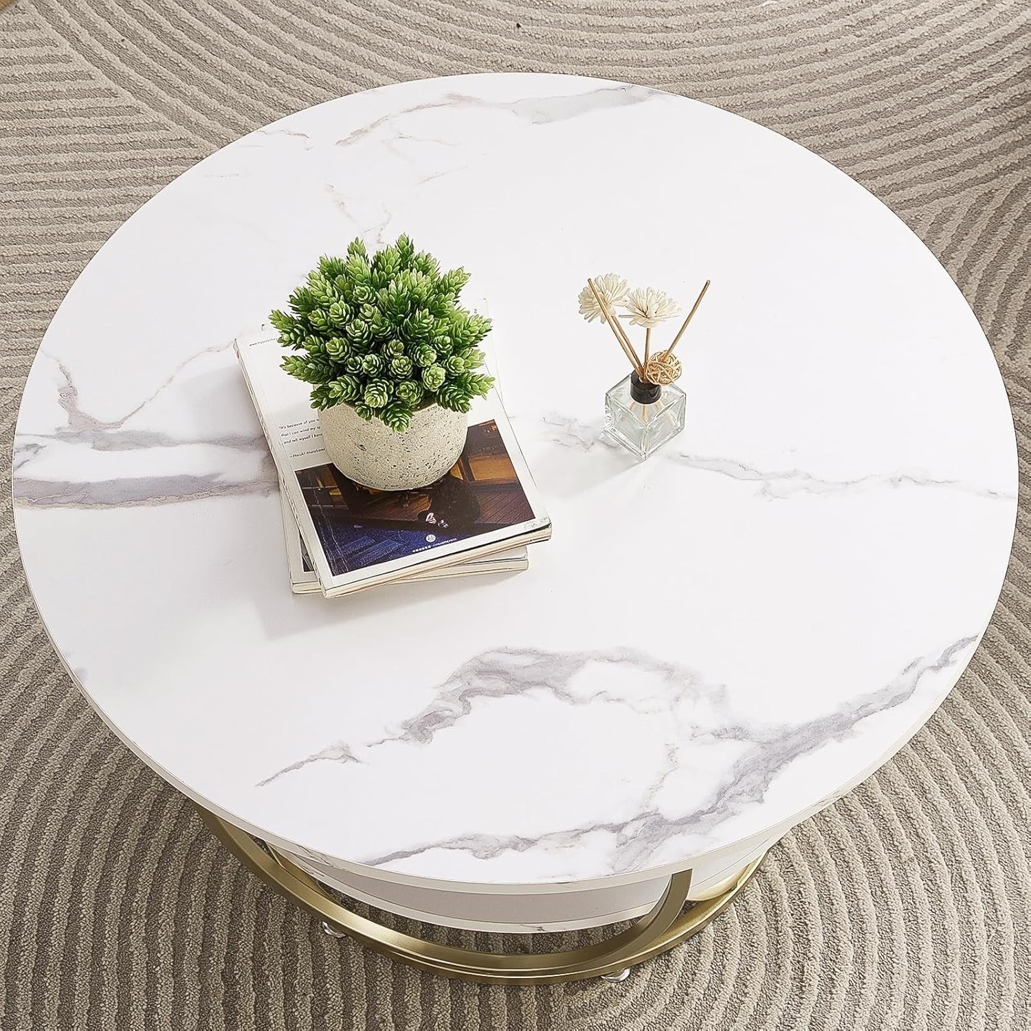 Modern Round Coffee Table White Marble 2-Tier Gold Frame 76x76cm Storage
