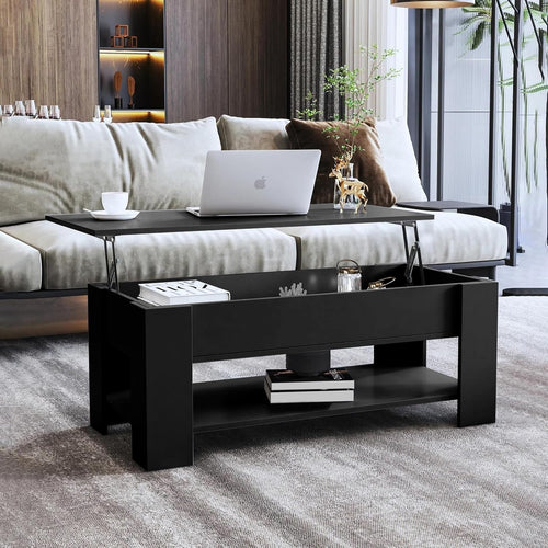 Lift Up Coffee Table with Storage, Black 100x50cm Adjustable Height