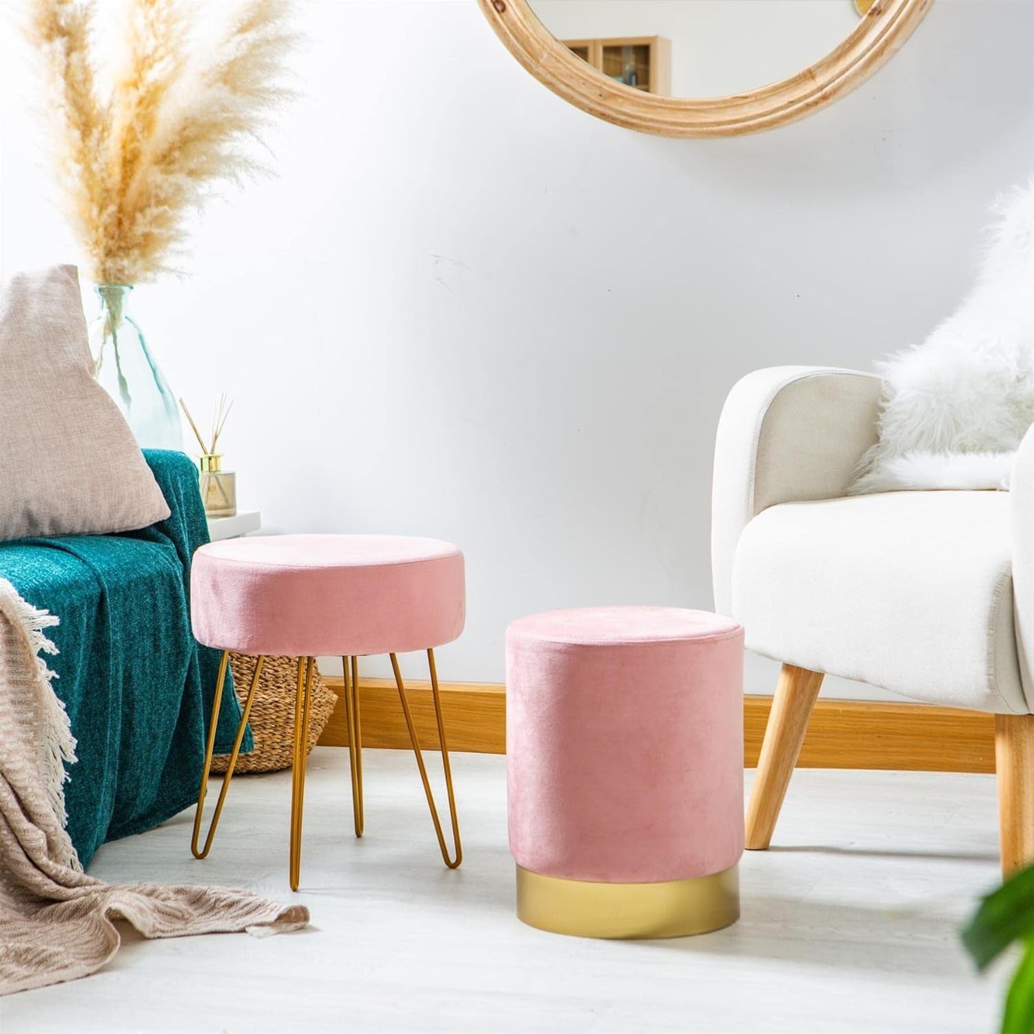 Set of 2 Pink Velvet Footstools Round Pouffe Modern Accent Stools