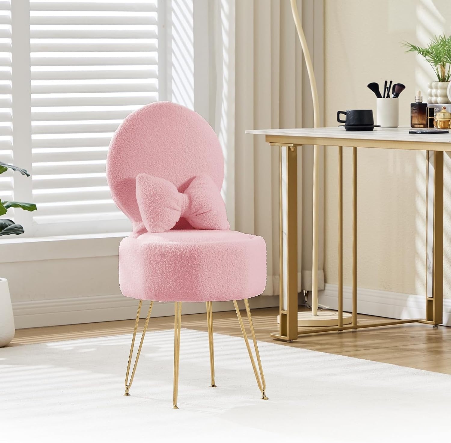 Pink Sherpa Vanity Chair with Storage & Foldable Back – Makeup Stool