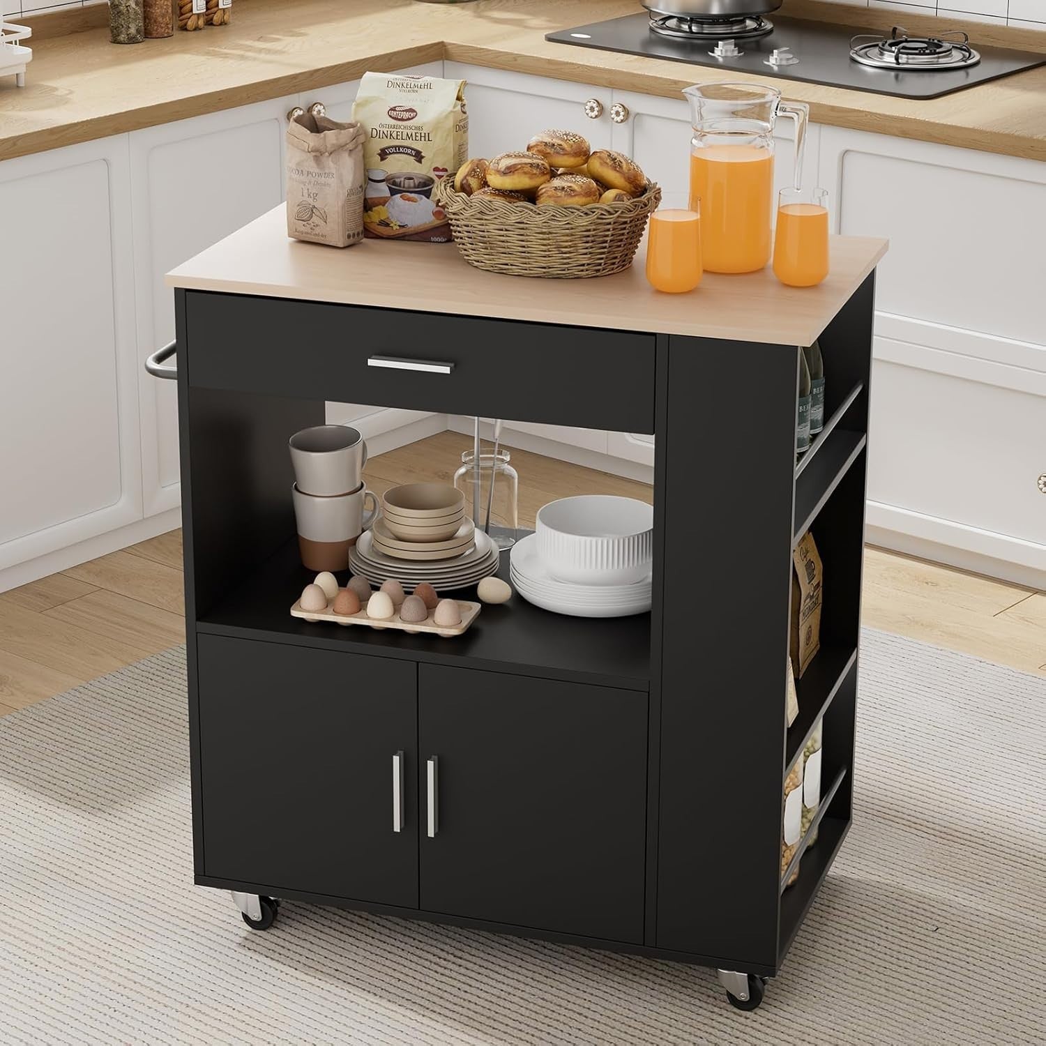 Kitchen Island on Wheels w/ Seating Drawer Cabinet