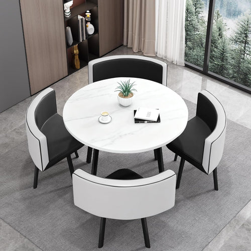 Modern White 35.4" Dining Set w/ 4 Black Chairs – Space-Saving Faux Marble Table