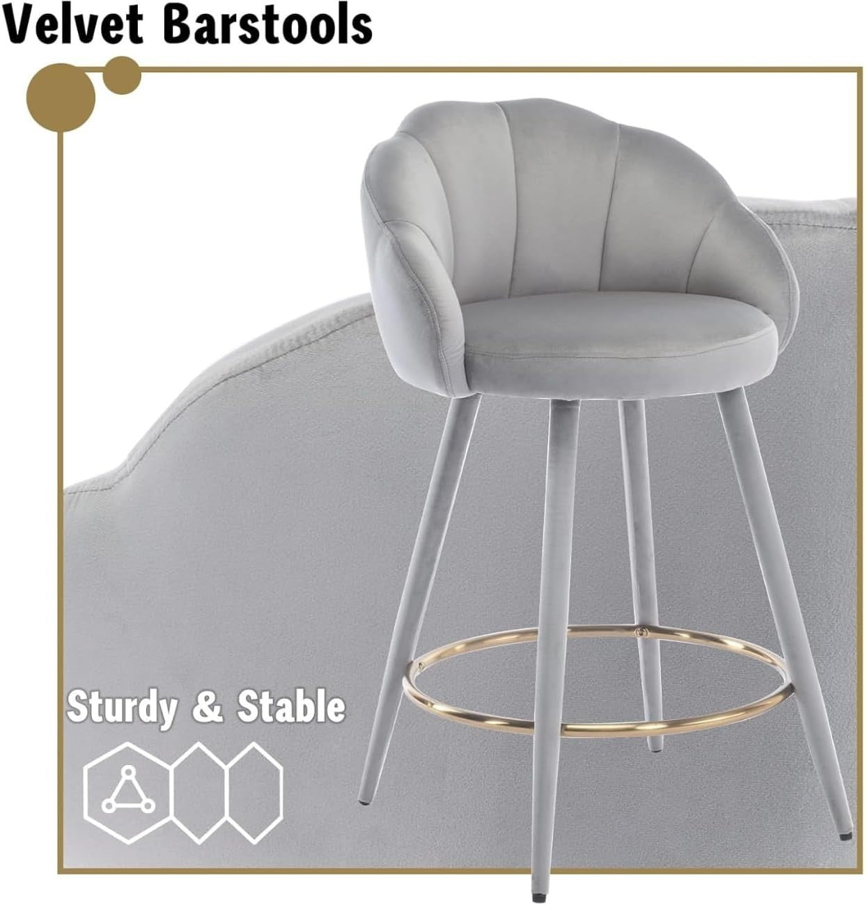 Gray Velvet Bar Stools Set of 2 Modern Kitchen Counter Breakfast Chairs