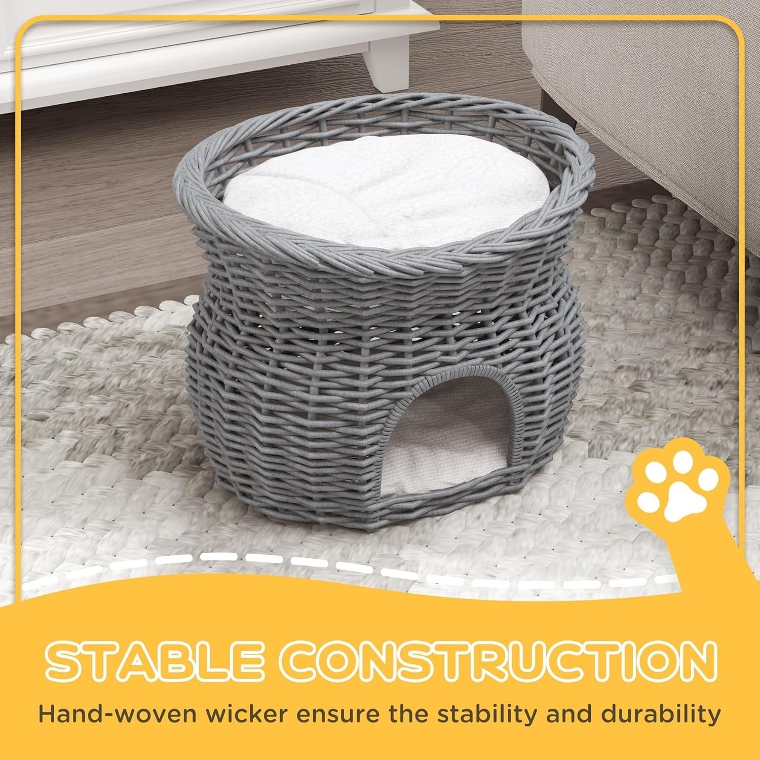 2 Tier Wicker Cat House Elevated Bed Basket Cave w Washable Cushions