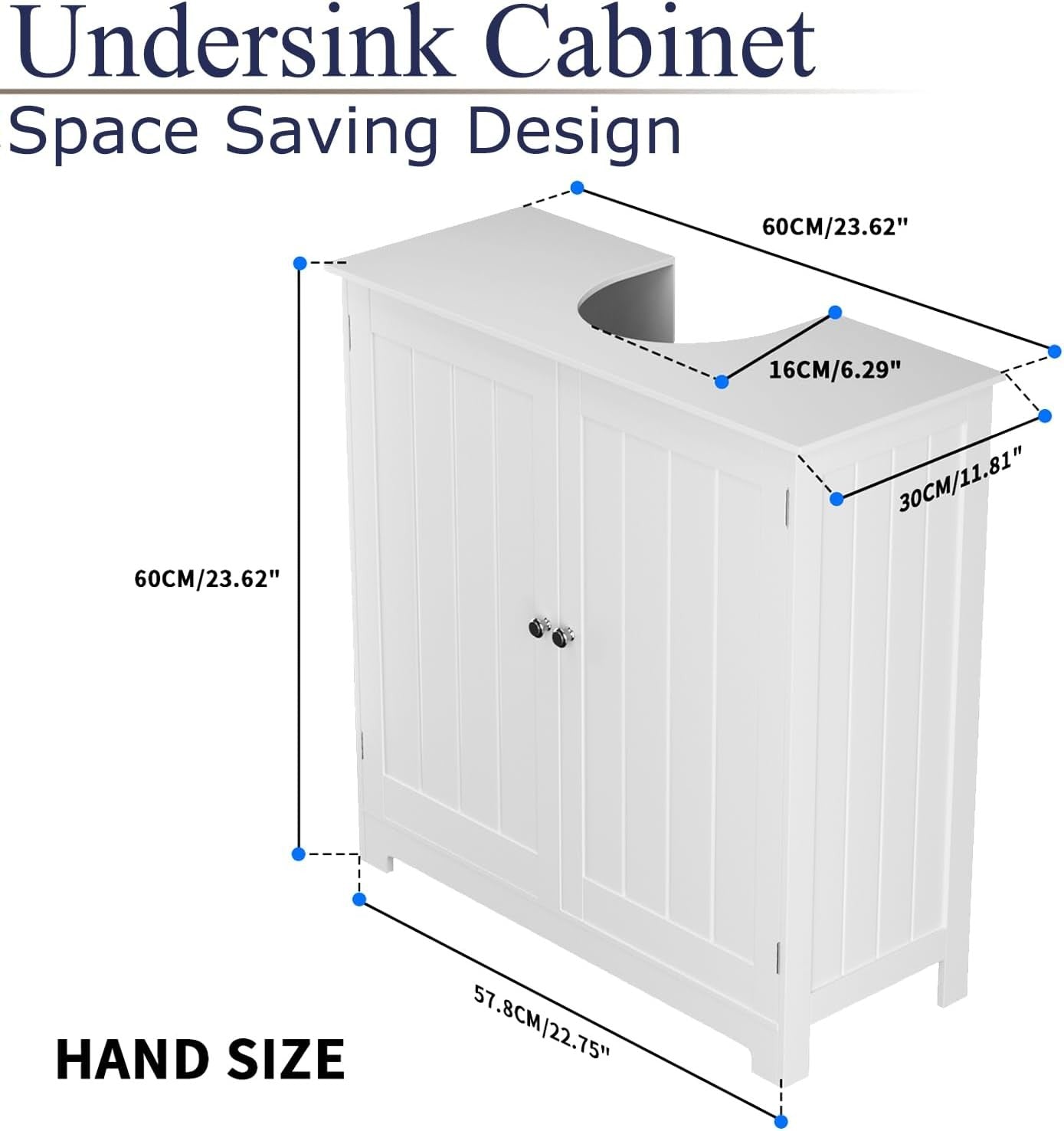 White Under Sink Bathroom Cabinet – Waterproof Storage Cupboard 60x30x60cm