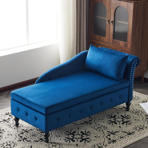 Velvet Chaise Lounge Sofa with Storage, Button Tufted, Blue, Ergonomic