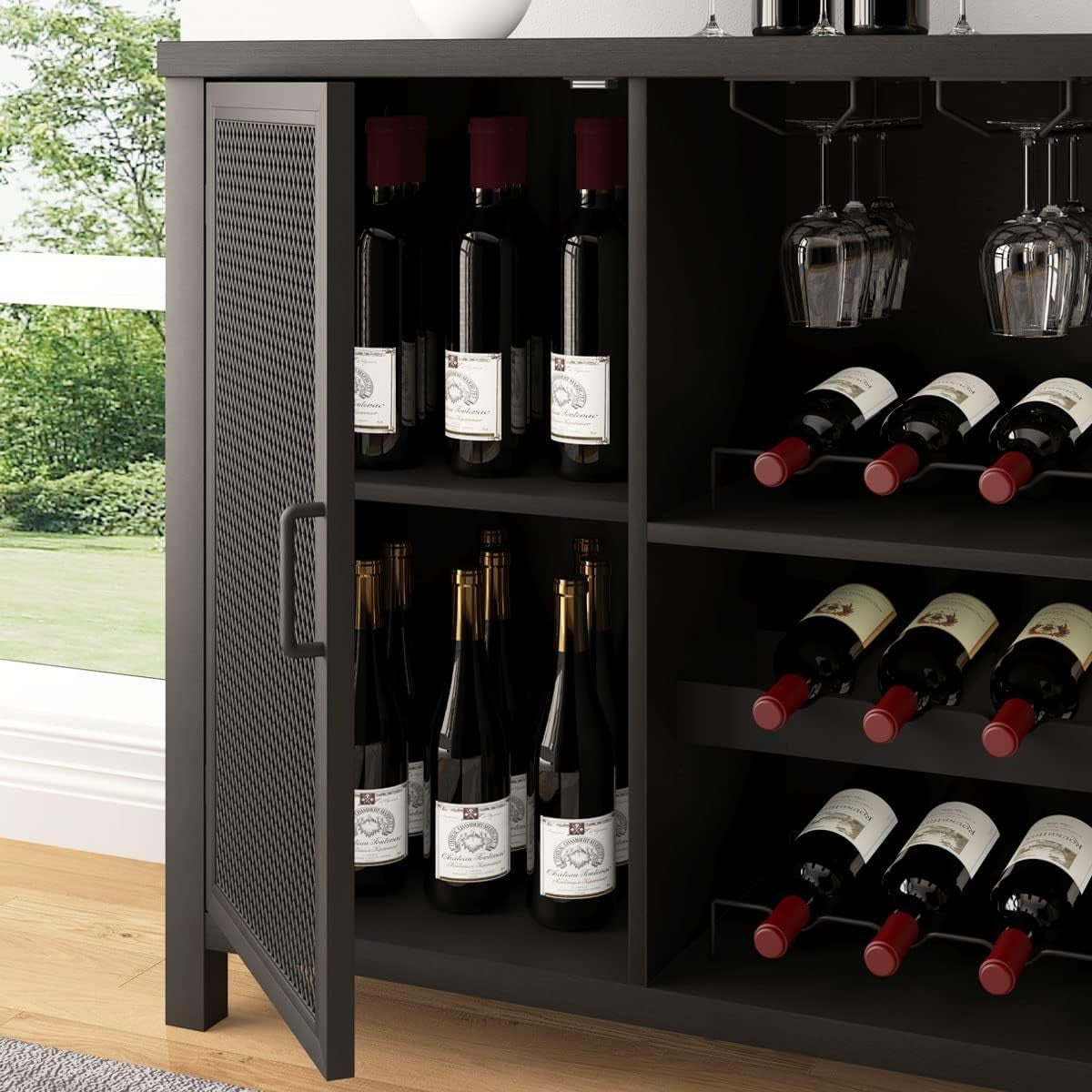 Black Oak Wine Bar Cabinet Sideboard with Wine Rack & Glass Storage 140cm