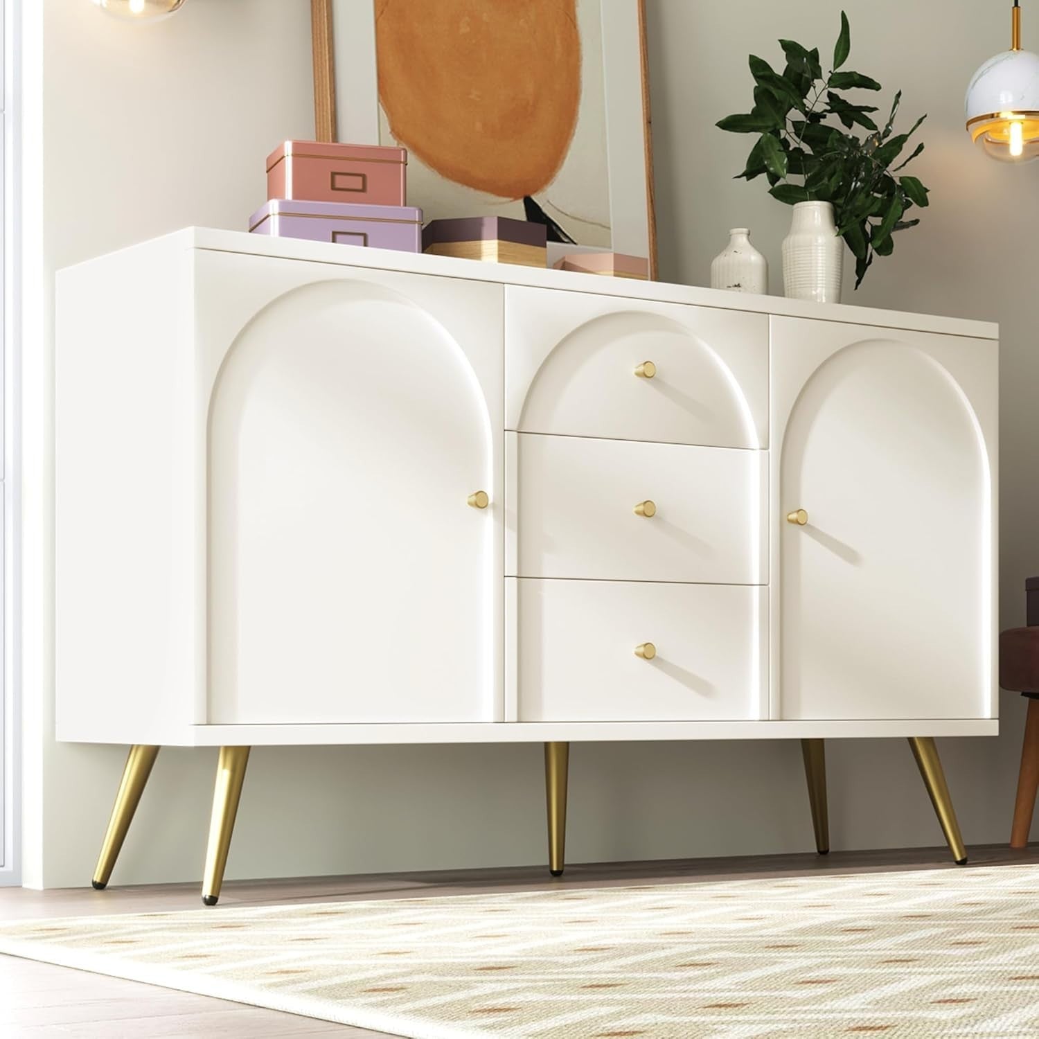 Modern Cream White Sideboard Cabinet 2 Doors 3 Drawers Adjustable Shelf