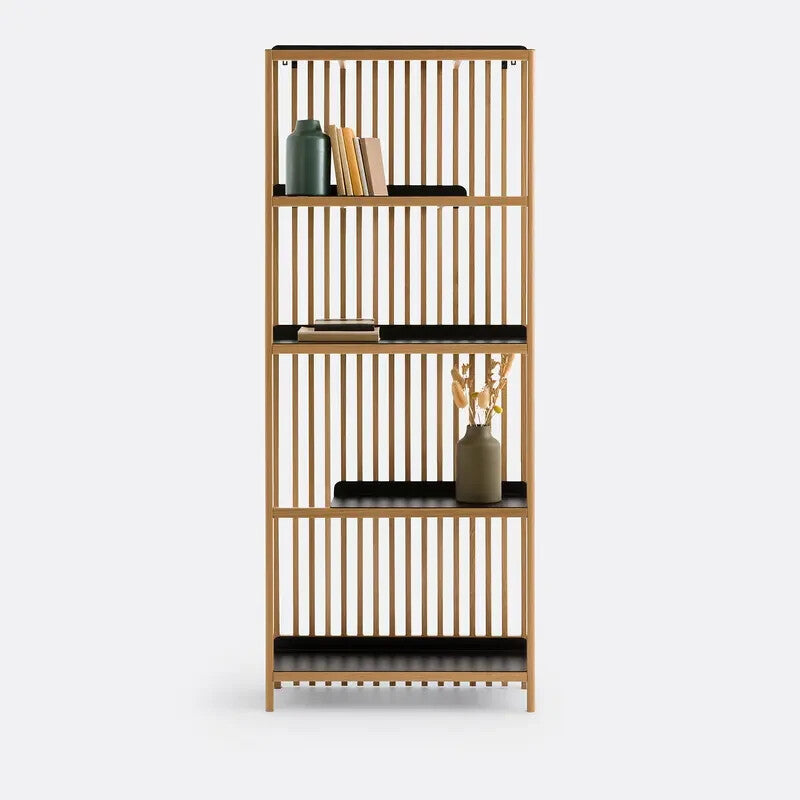 200cm Oak & Metal Slatted Bookcase | Industrial Slim Display Shelves Unit