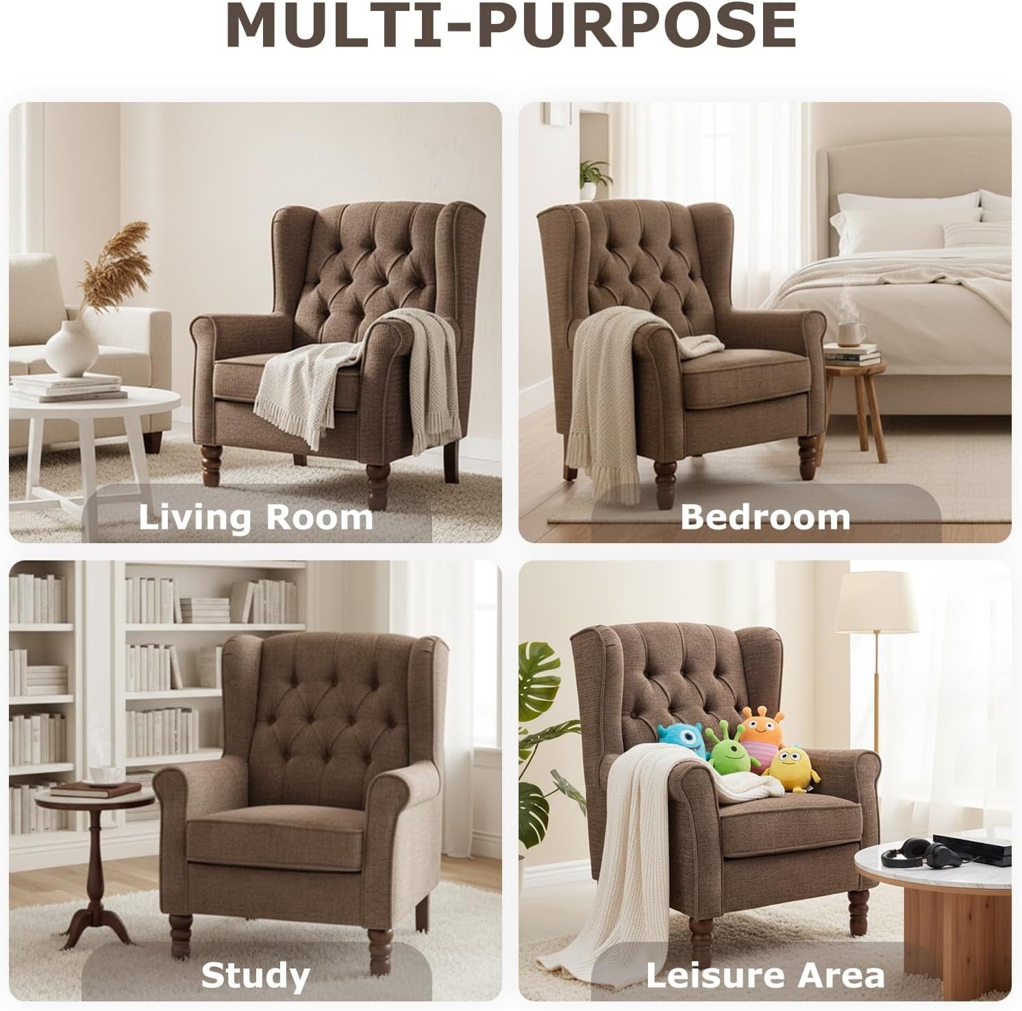 Mid‑Century Modern Wingback Accent Chair – Brown Upholstered Armchair