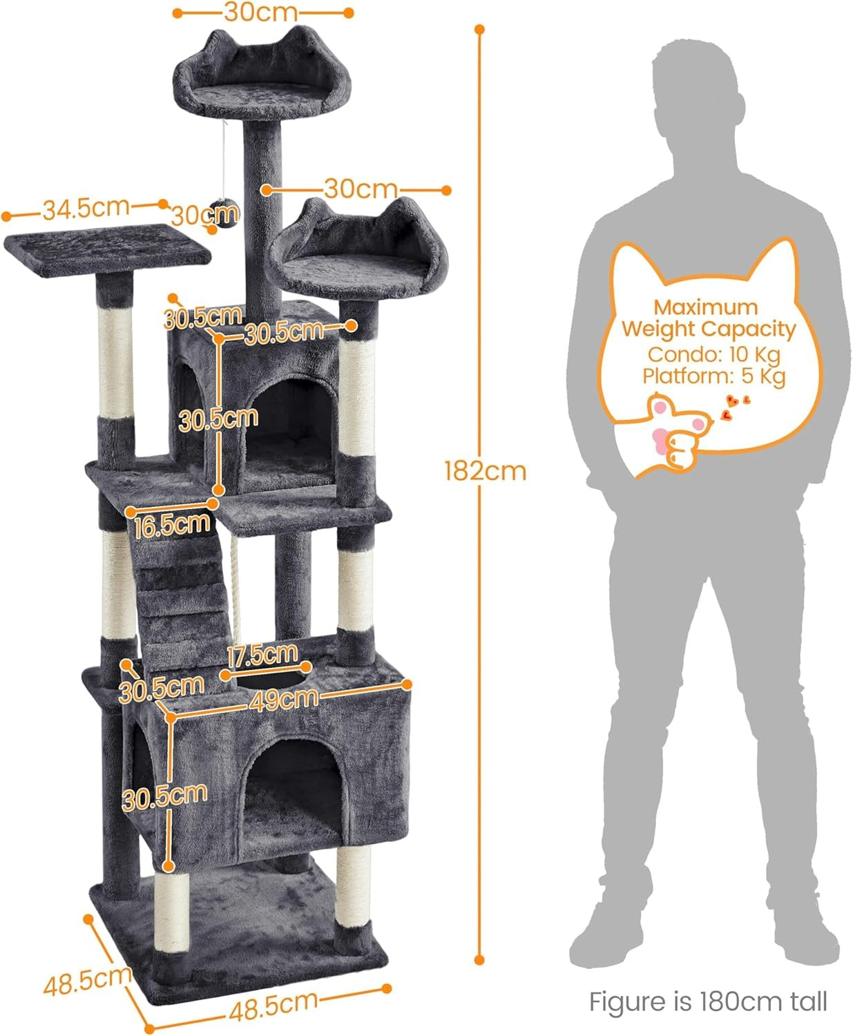 182cm Large Cat Tree Tower Dark Grey Multi Level Condo Scratching Posts
