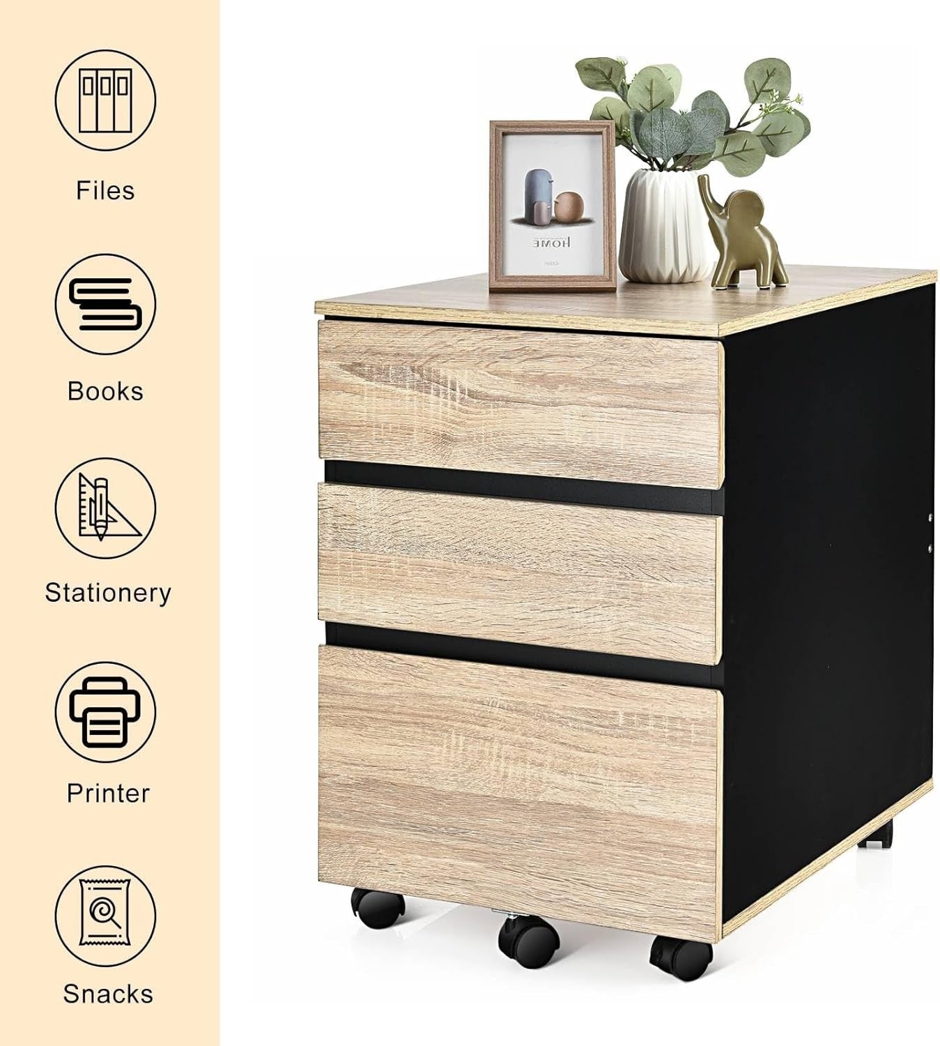 Lockable 3 Drawer Mobile Filing Cabinet Under Desk Office Storage Black
