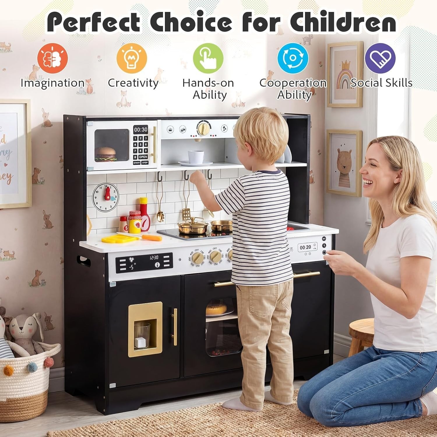 Wooden Kids Play Kitchen Black Lights Sounds Coffee Maker Toy Set