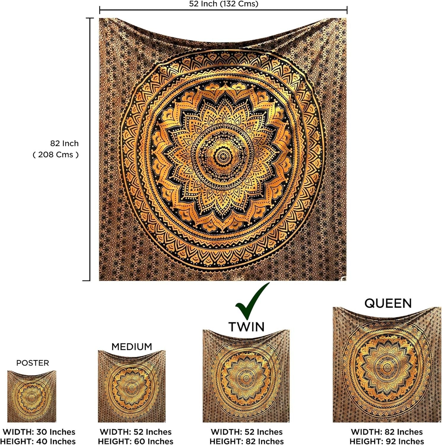 Black Gold Mandala Tapestry 52x82in Boho Wall Hanging Cotton