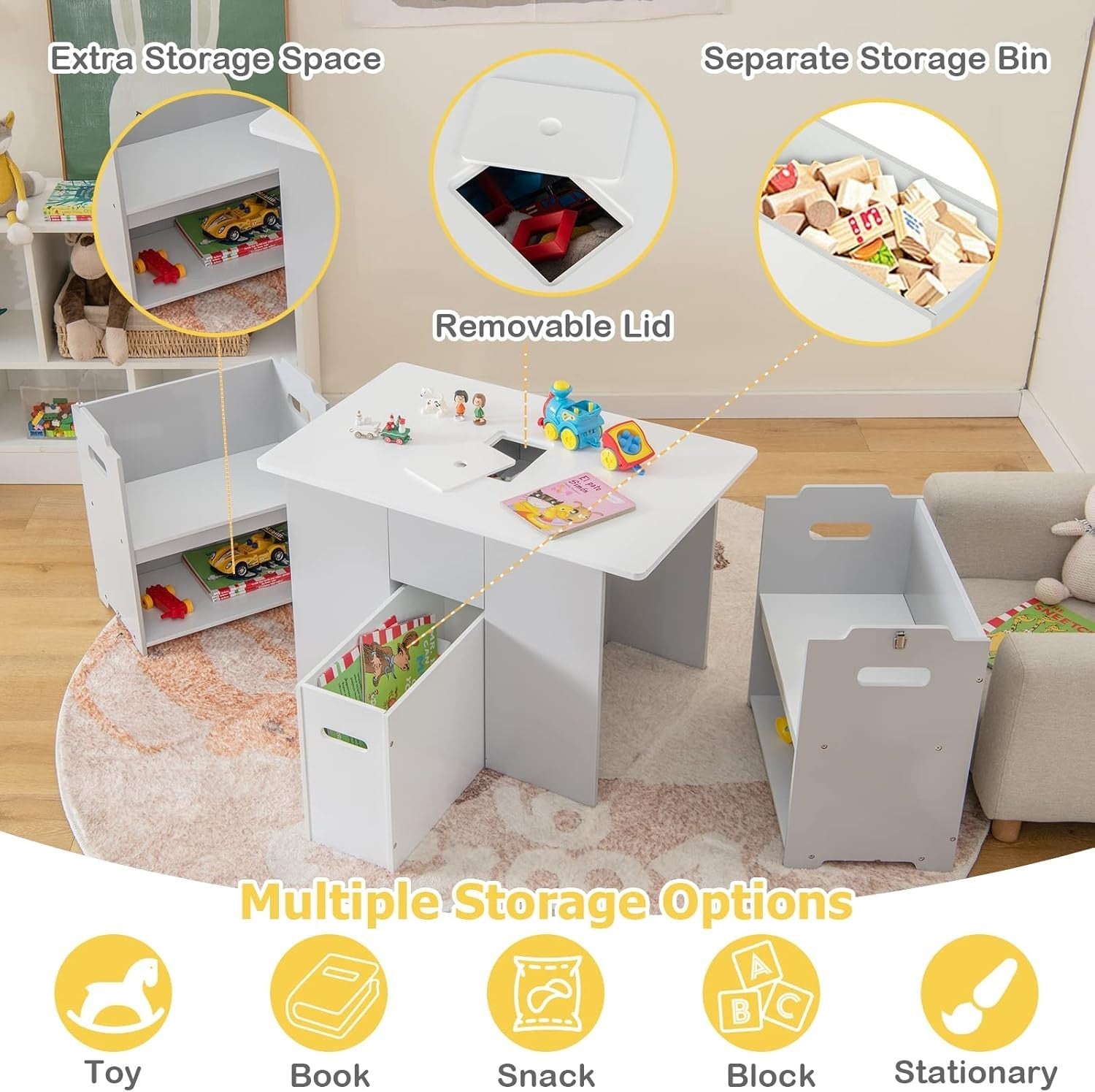 Kids Wooden Table & Chair Set with Storage Bin & Space-Saving Design, Safe & Dur