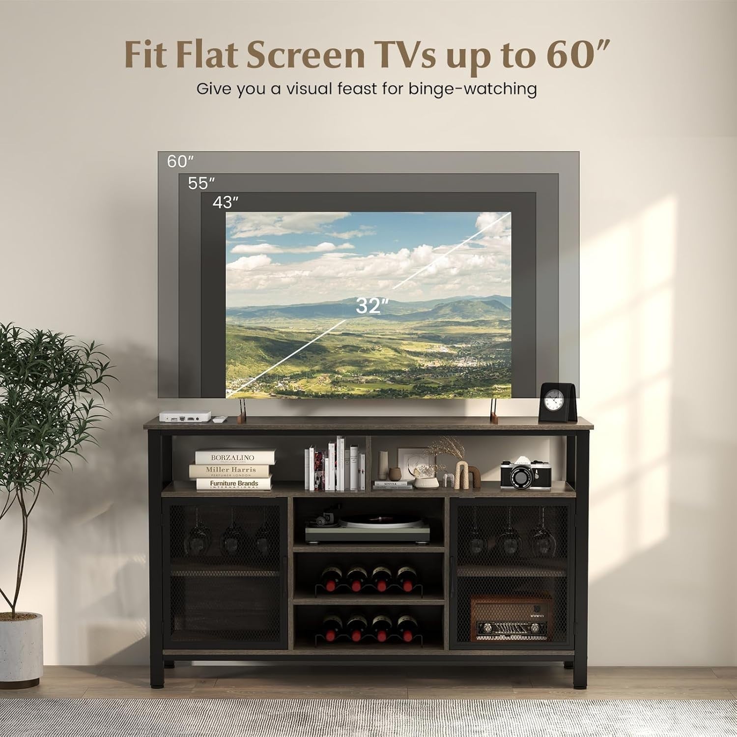Industrial Sideboard Cabinet with Wine Racks Glass Holder Mesh Doors Gray Black