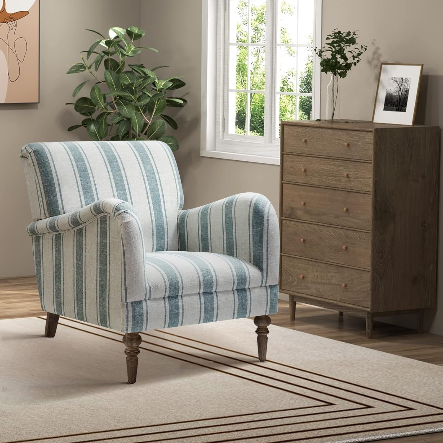 Striped Upholstered Armchair with Wooden Legs for Lounge or Bedroom Blue