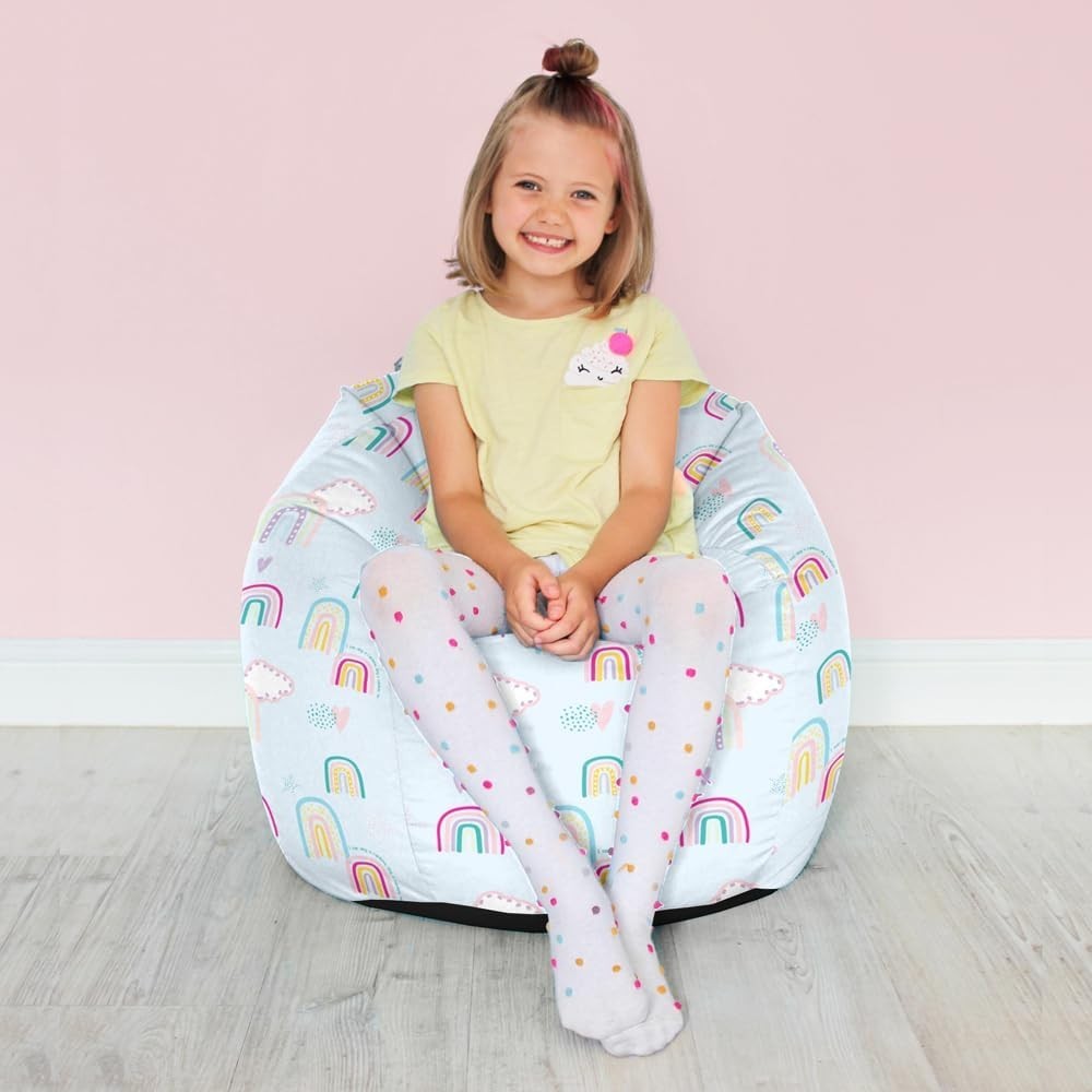 Kids Bean Bag Chair with Footstool - Rainbow Print, Washable & Durable