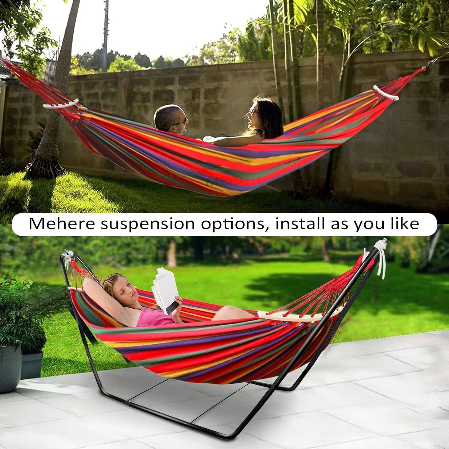 Double Cotton Hammock with Stand, Adjustable, Portable, Easy Set-Up, 200kg Capac