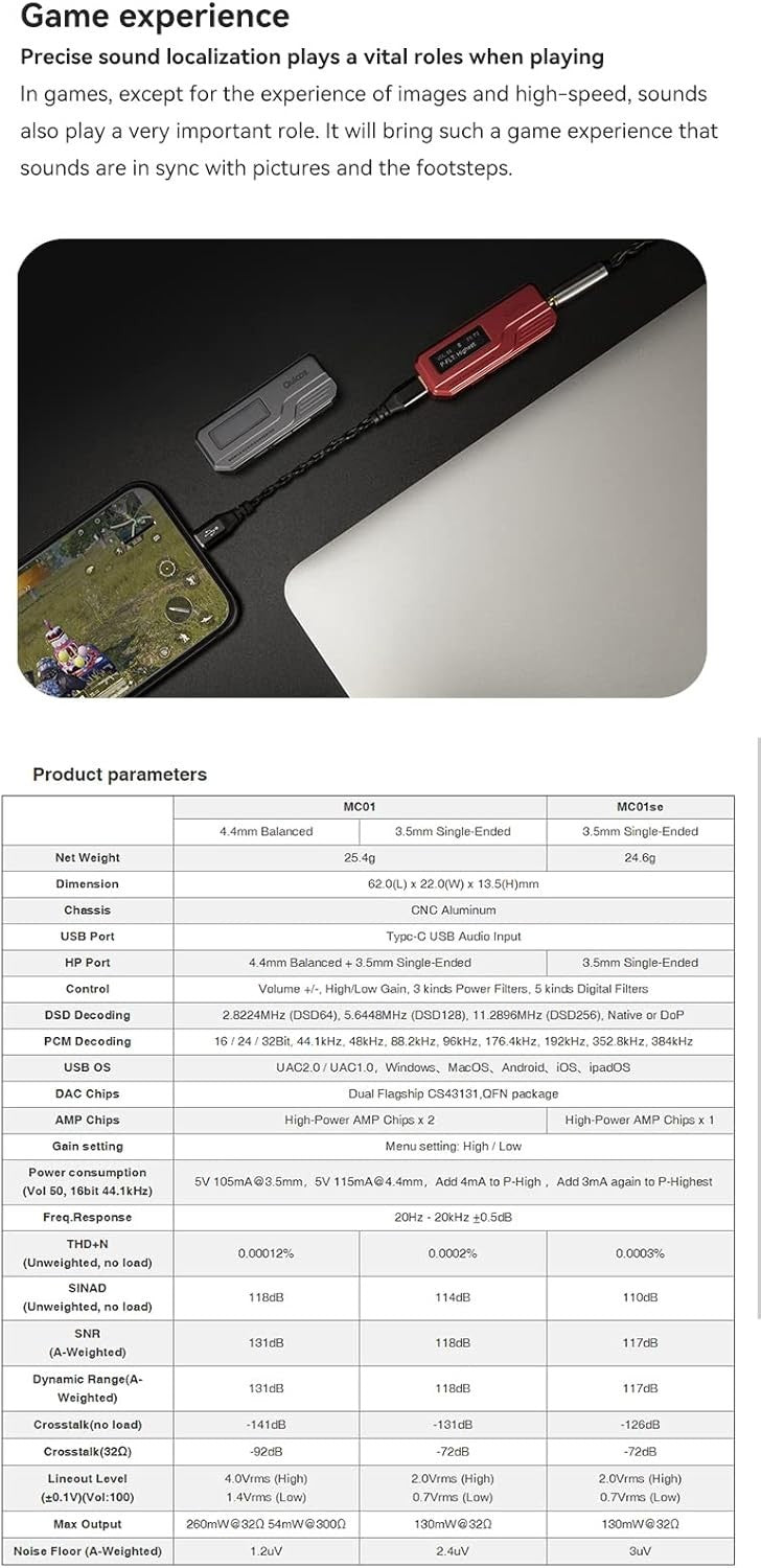 Quloos MC01se Red Portable HiFi DAC Dual CS43131 Chip DSD256 PCM384kHz Amp