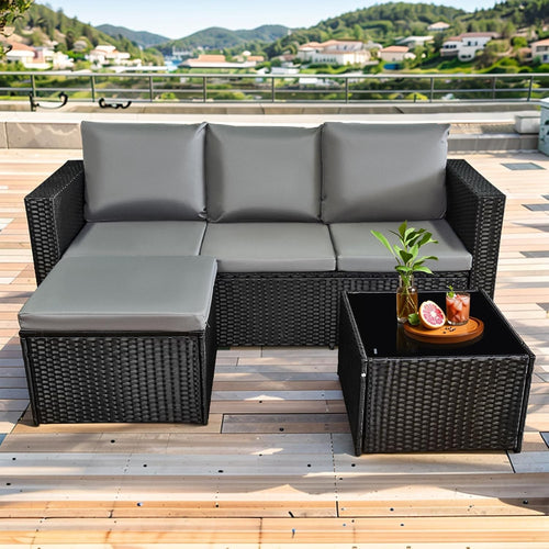3PC Rattan Garden Sofa Set Outdoor Sectional w/ Glass Table & Cushions
