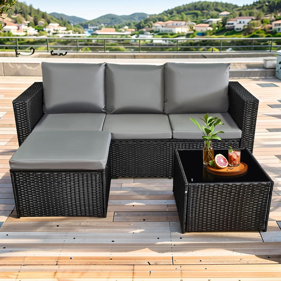 3PC Rattan Garden Sofa Set Outdoor Sectional w/ Glass Table & Cushions