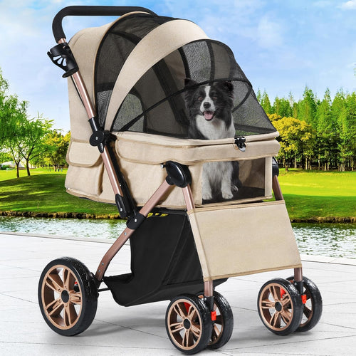 Dog Stroller with Reversible Handle Foldable Pet Pushchair 4 Wheel Travel