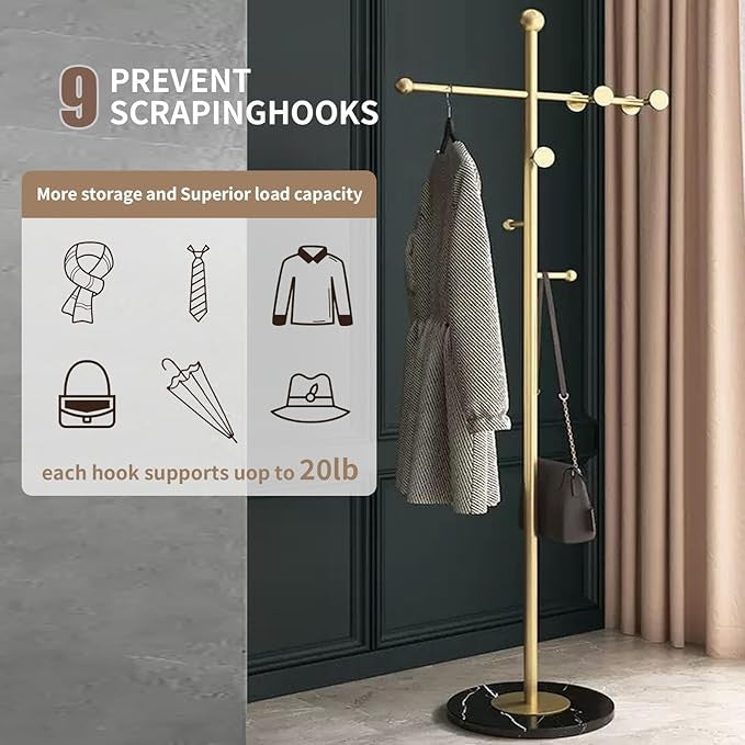 Luxury Gold T-Shaped Coat Rack Metal Stand with Marble Base & 8 Hooks Home