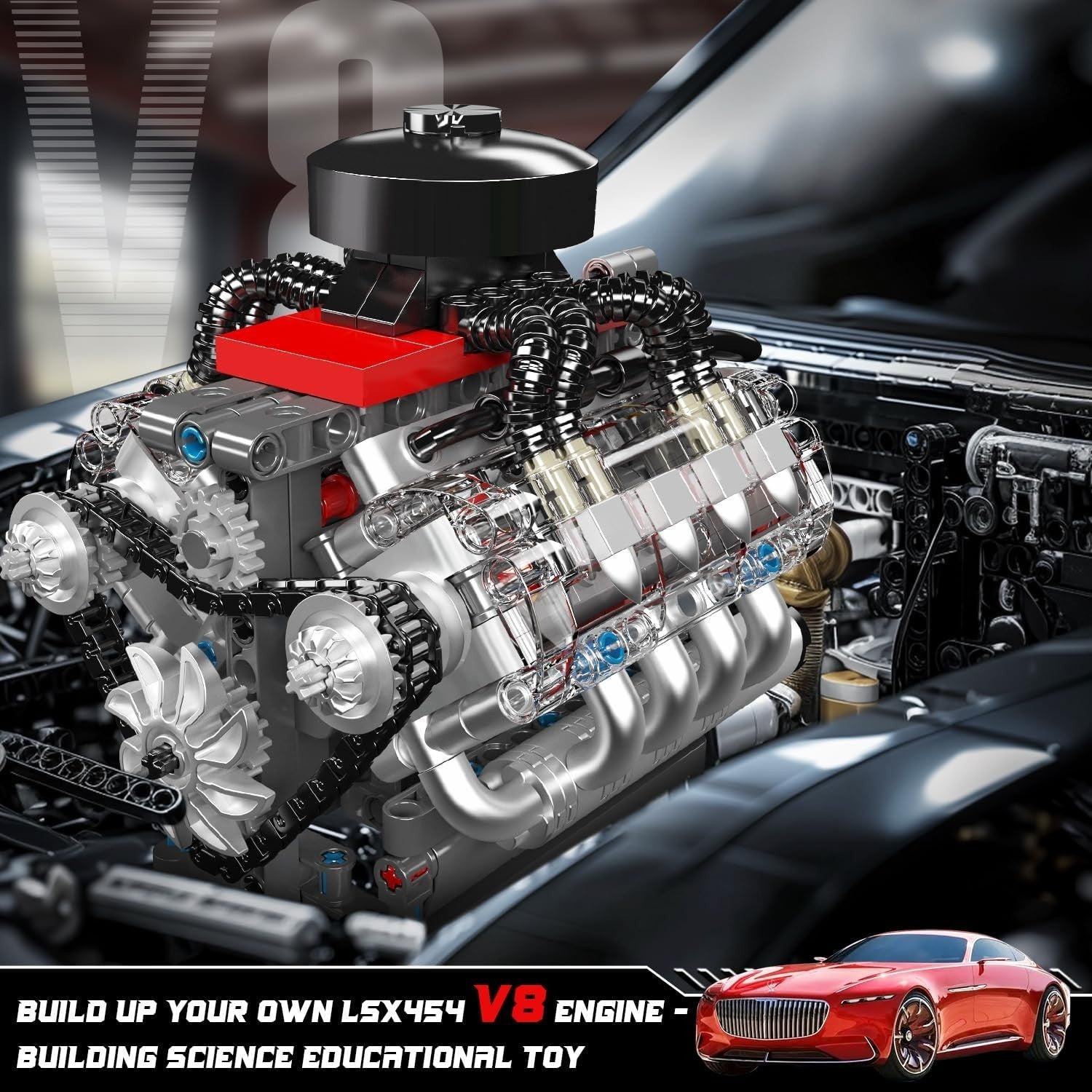 Realistic DIY V8 Engine Model Kit - 487pcs STEM Toy, Moving Parts, Kids & Adults