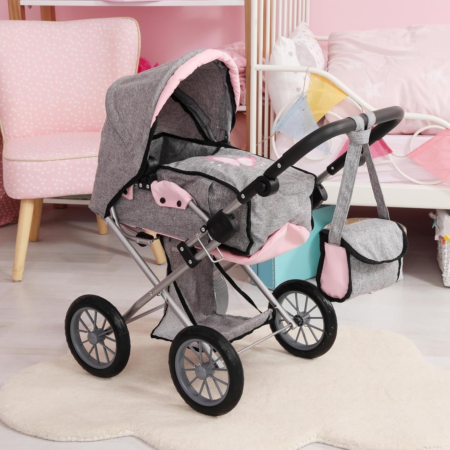 Dolls Pram Pushchair Convertible Foldable Adjustable Handle Basket Bag