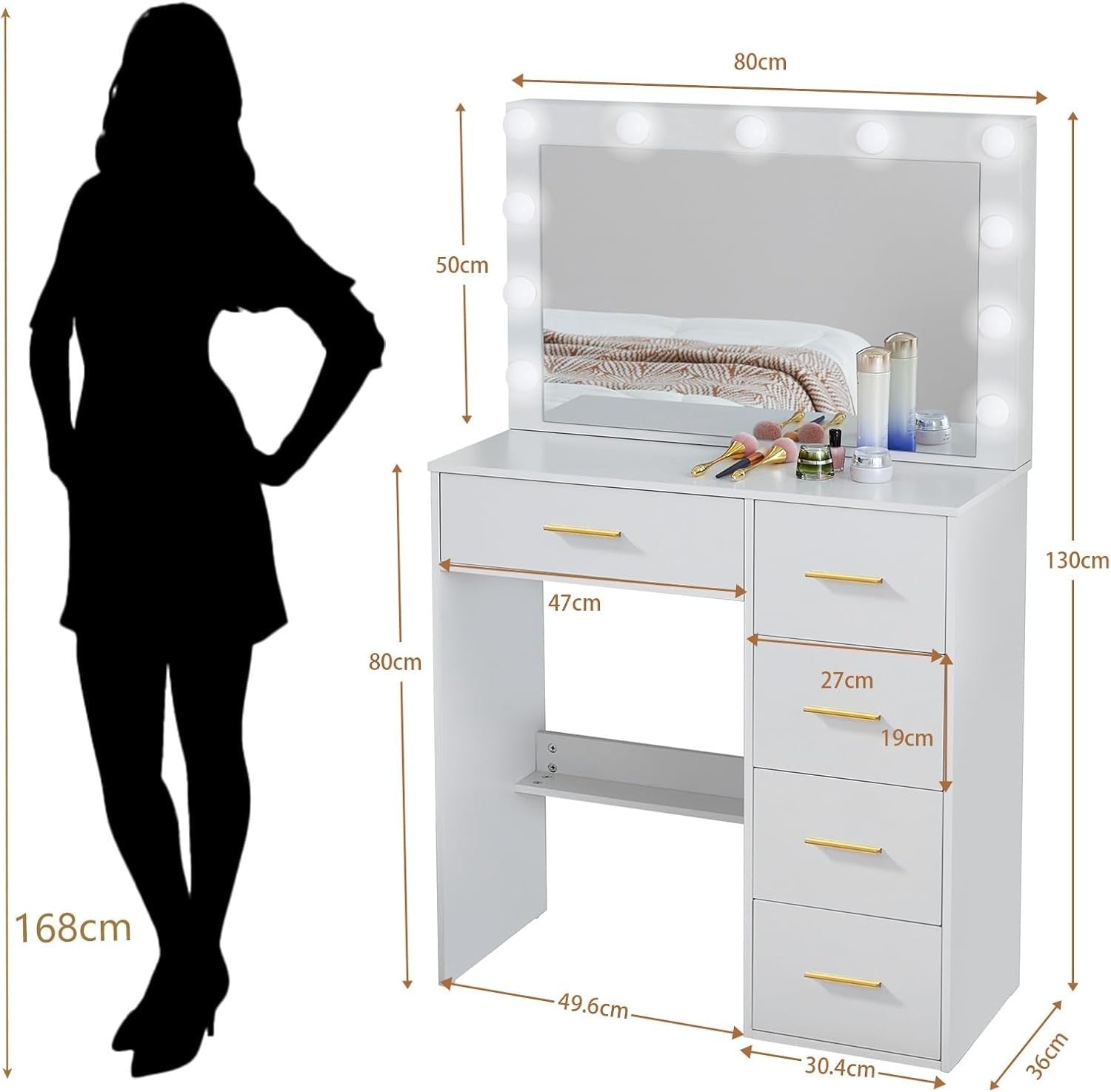 Vanity Table Large Lighted Mirror Desk 3 Color LED 5 Drawer Engineered Wood