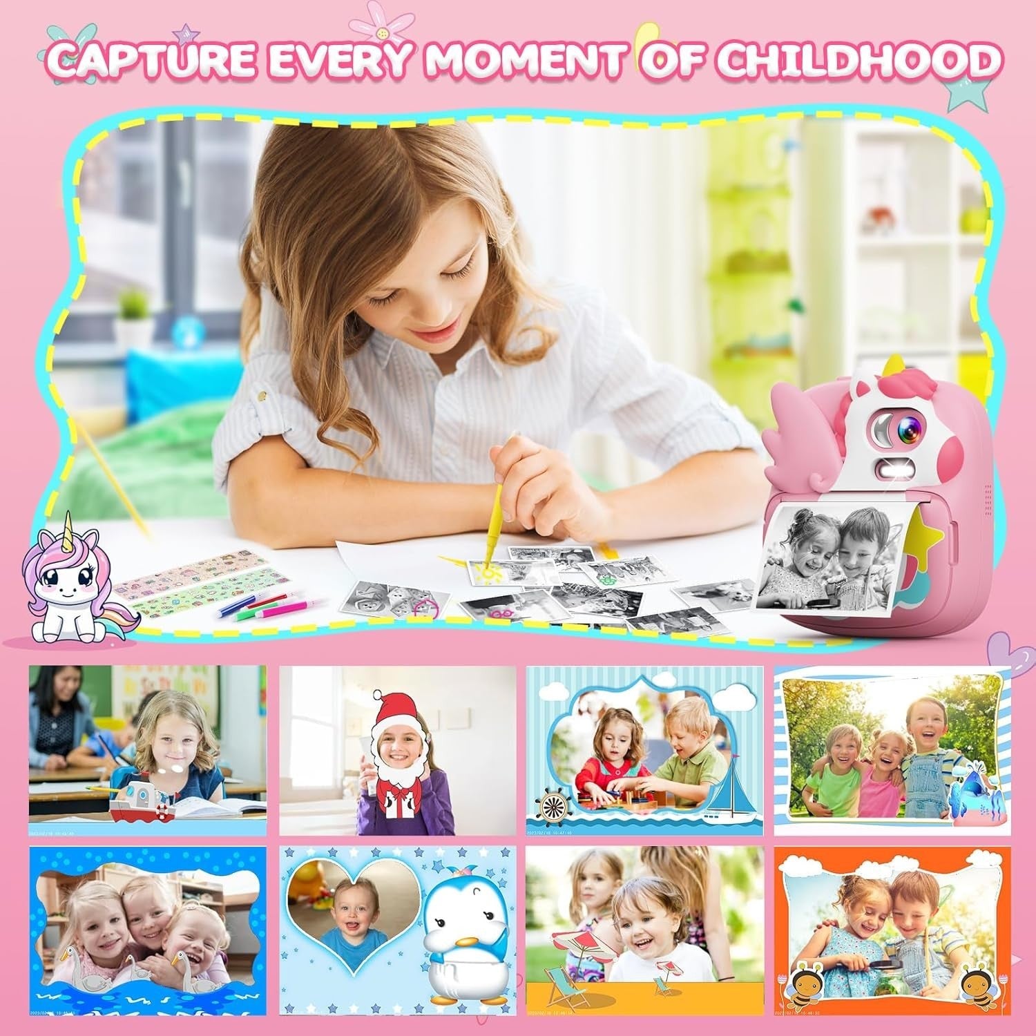 Kids Instant Print Camera 12MP 1080P HD 32GB Card Photo Paper Pink