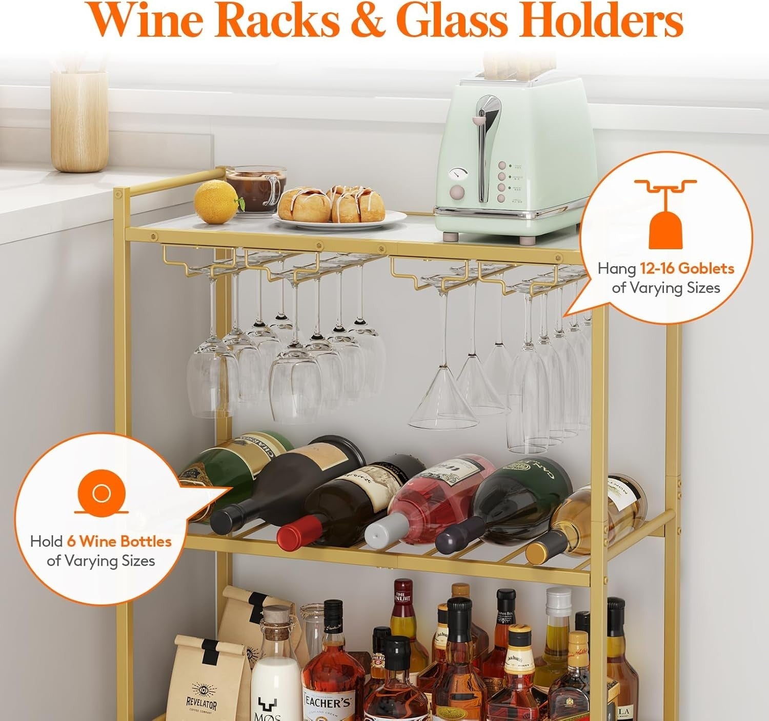 Gold 3 Tier Bar Cart with Wine Rack & Glass Holder | Drinks Trolley on Wheels