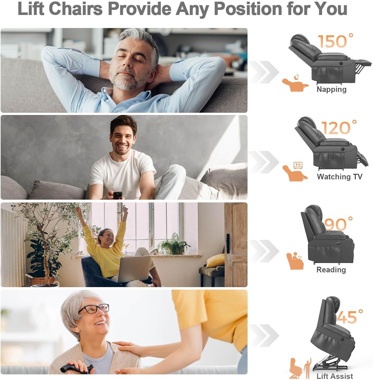 Power Lift Recliner Chair Massage Heat USB Type-C Cup Holders Faux Leather Grey