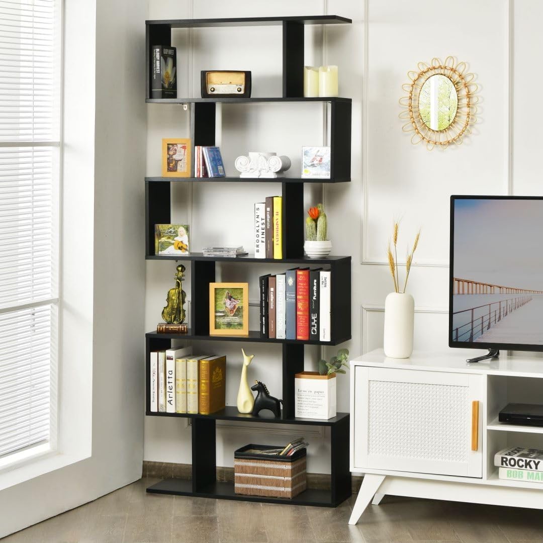 Modern 6-Tier S-Shaped Bookshelf Tall Freestanding Display Storage Unit Black