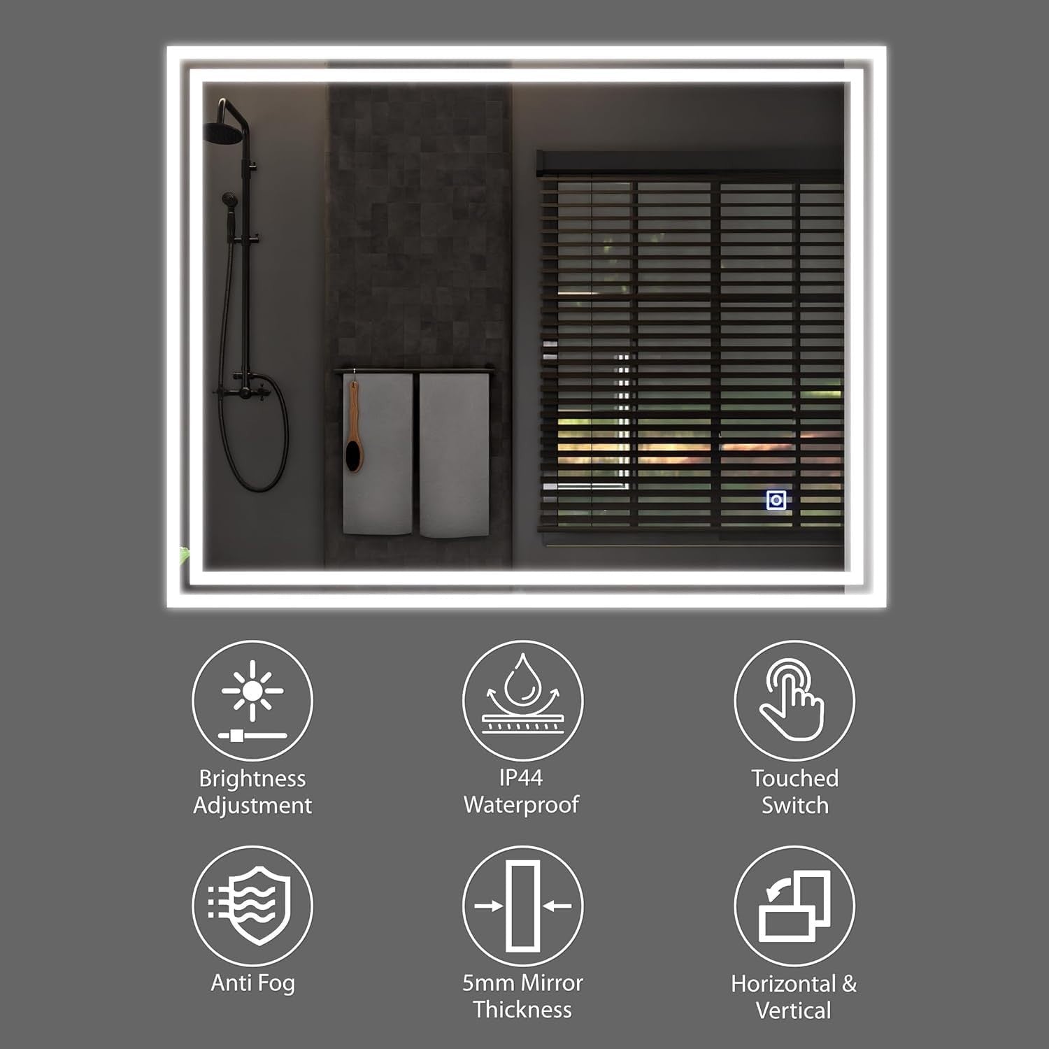 LED Bathroom Mirror 80x60cm Anti-Fog Demister Pad Light Touch Sensor