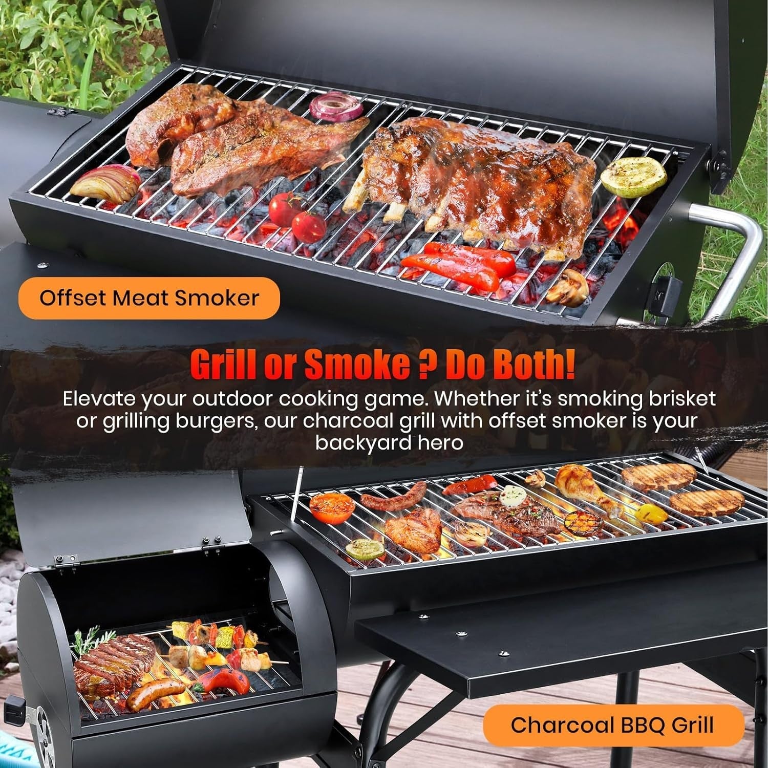 Charcoal BBQ Grill with Offset Smoker | Large Outdoor Drum Barbecue