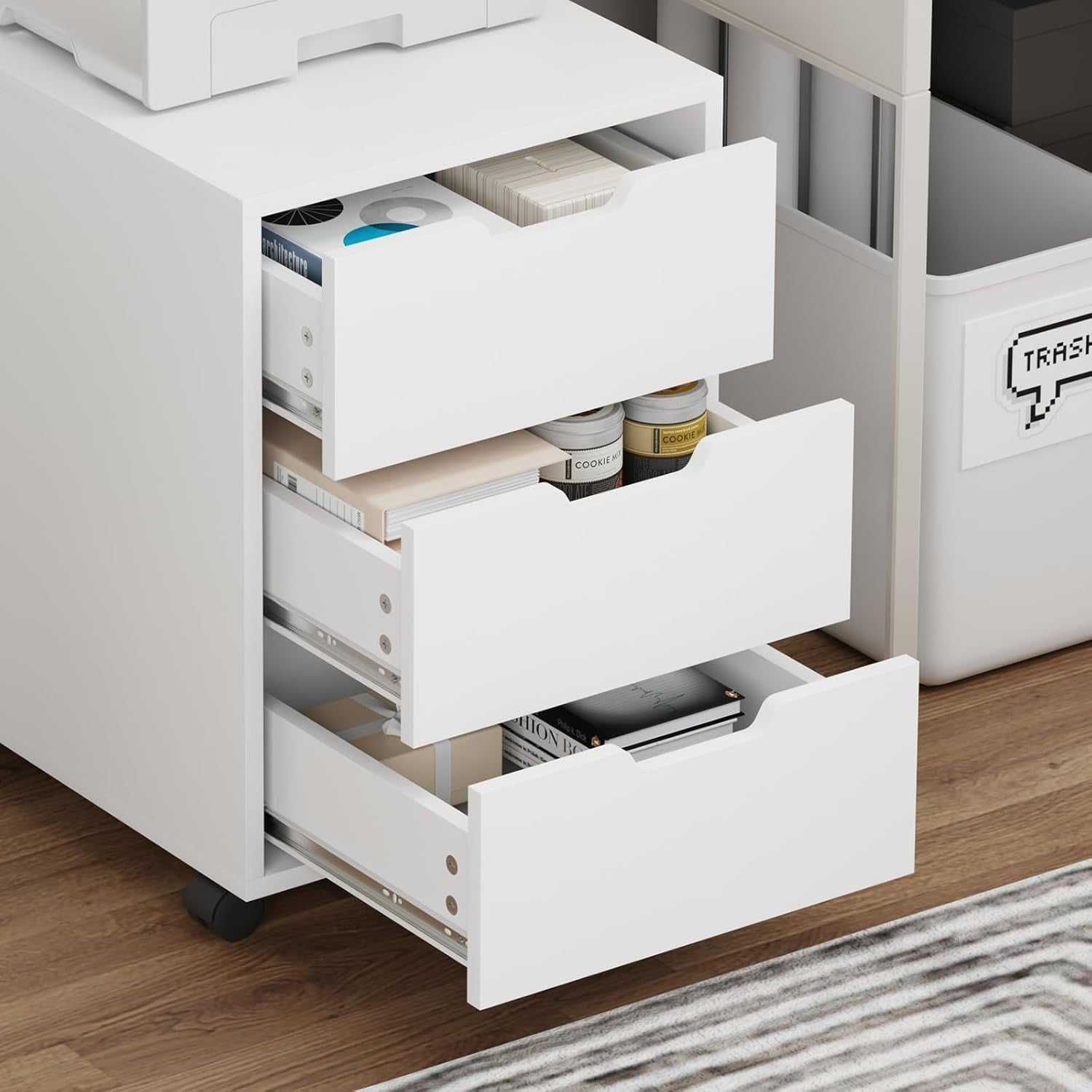 White Rolling Desk Pedestal 3 Drawer Under Desk Printer Storage
