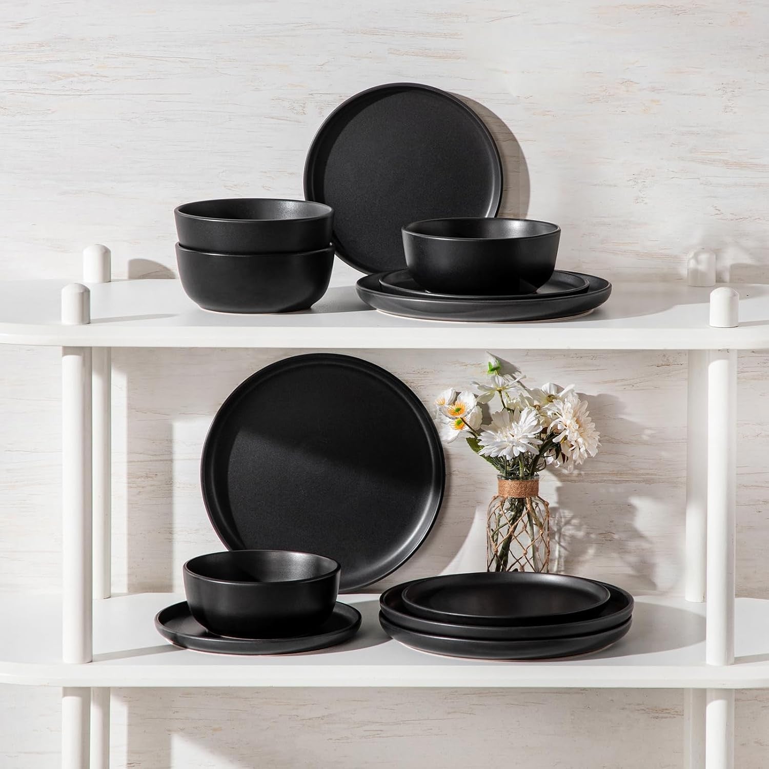 12pc Black Dinner Set Matte Glaze Plates Bowls Modern Microwave Safe