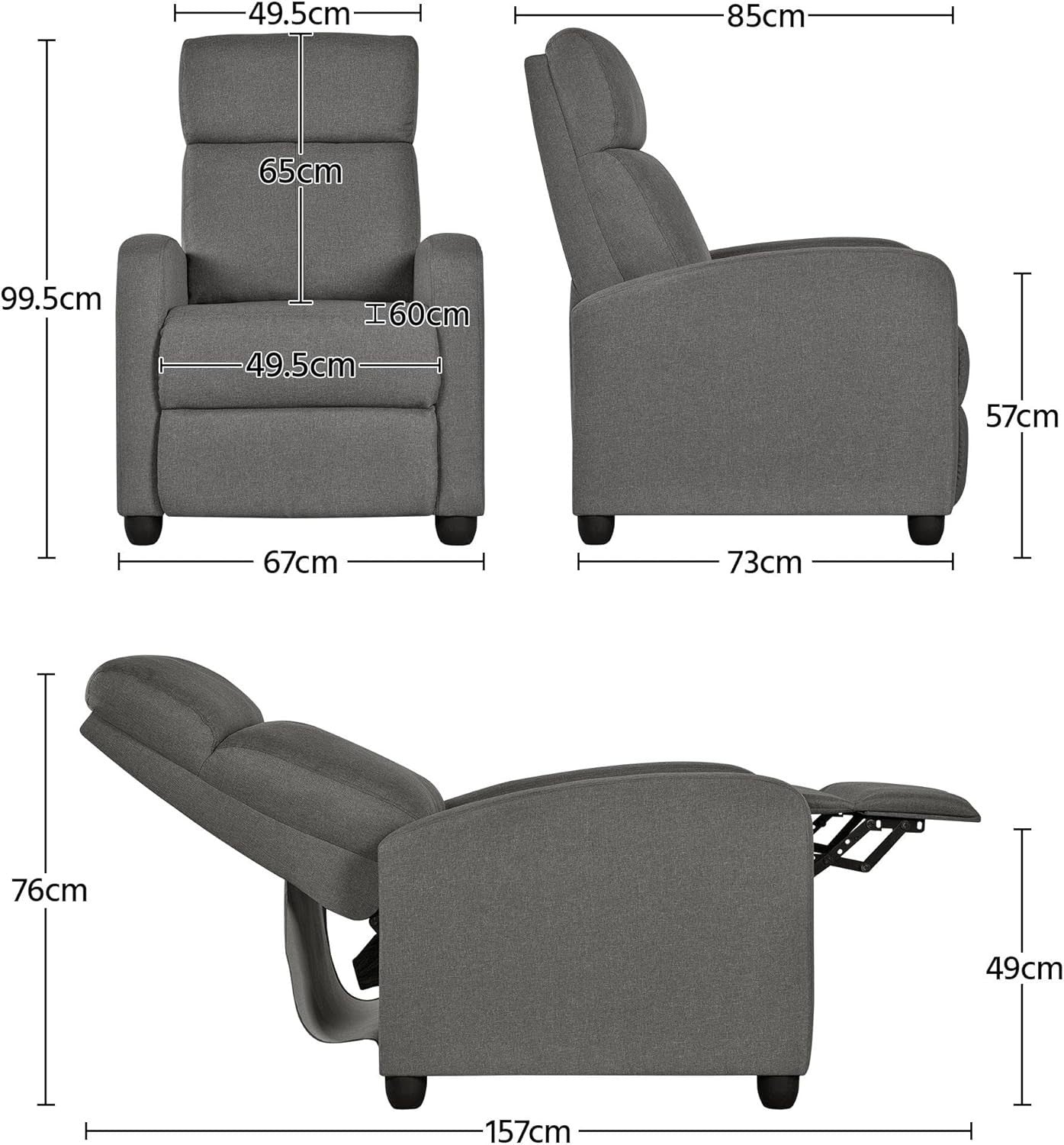 Grey Fabric Recliner Armchair Lounge Chair Sofa Adjustable Home Cinema