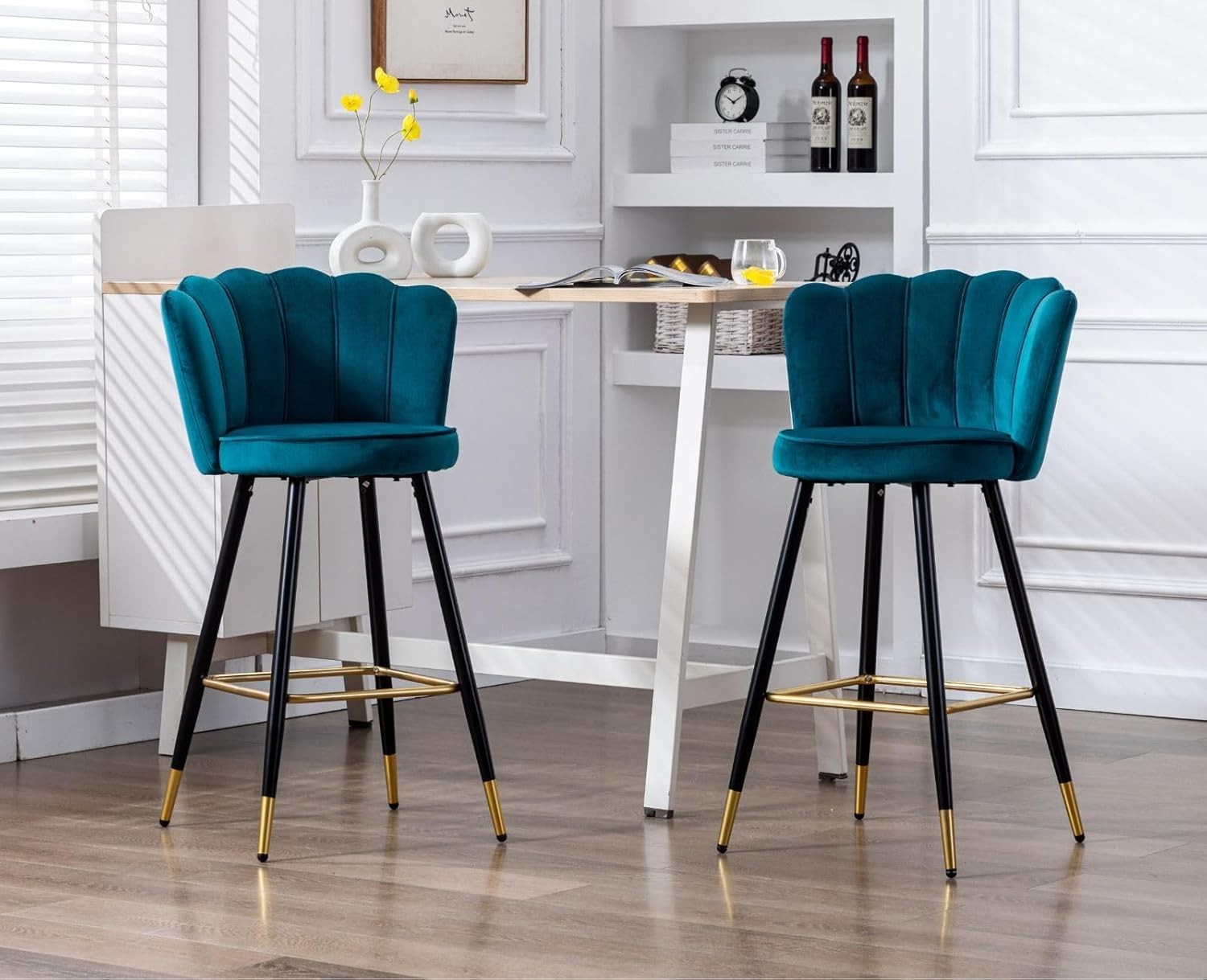 Teal Velvet Bar Stools Set of 2 – Kitchen Counter Chairs