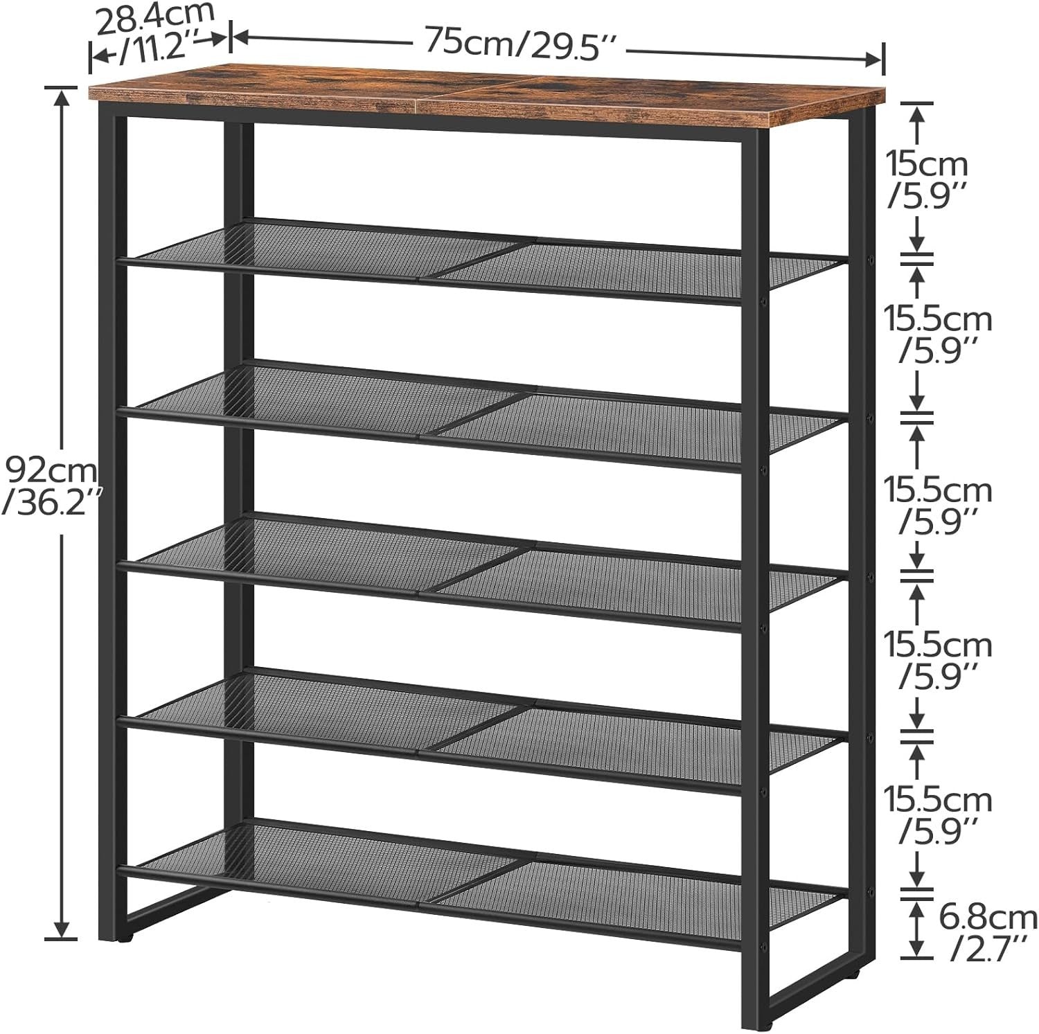 6-Tier Adjustable Shoe Rack for 18-24 Pairs, 75x28x92 cm Rustic Brown