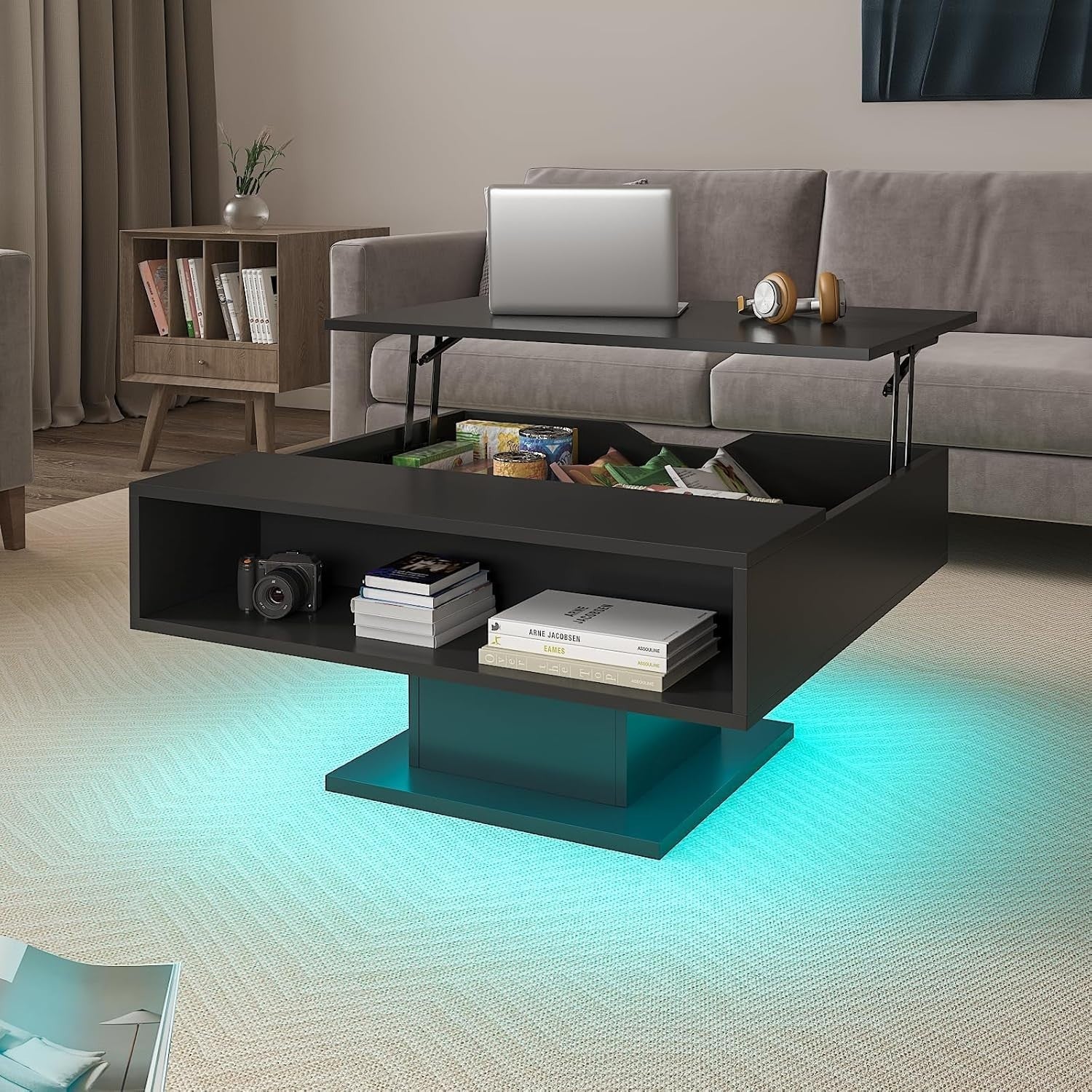 Lift Top LED Coffee Table with Storage 78x78cm – Black Modern Living Room